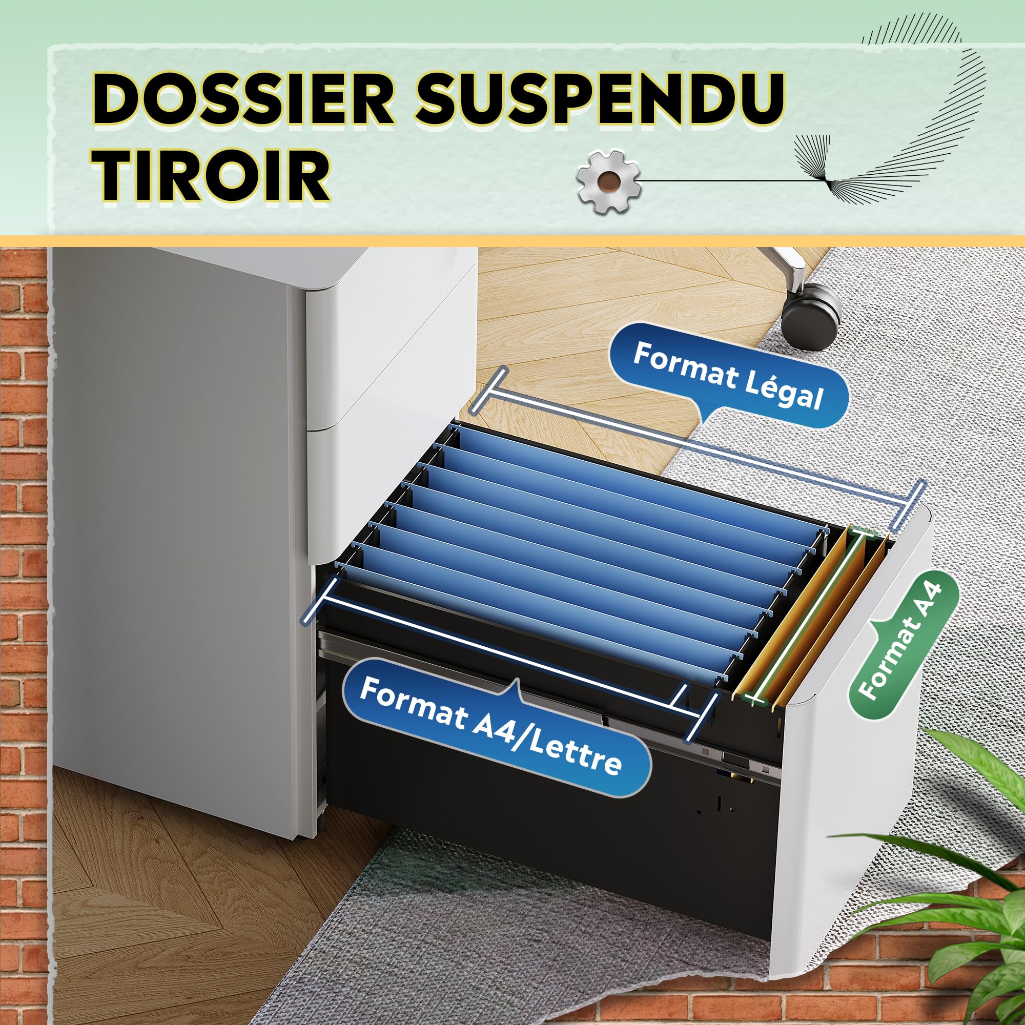DEVAISE Caisson de Bureau avec 3 Tiroirs, Meuble Rangement Bureau Tout-en-Un, Support Imprimante et Caisson à roulettes, Blanc