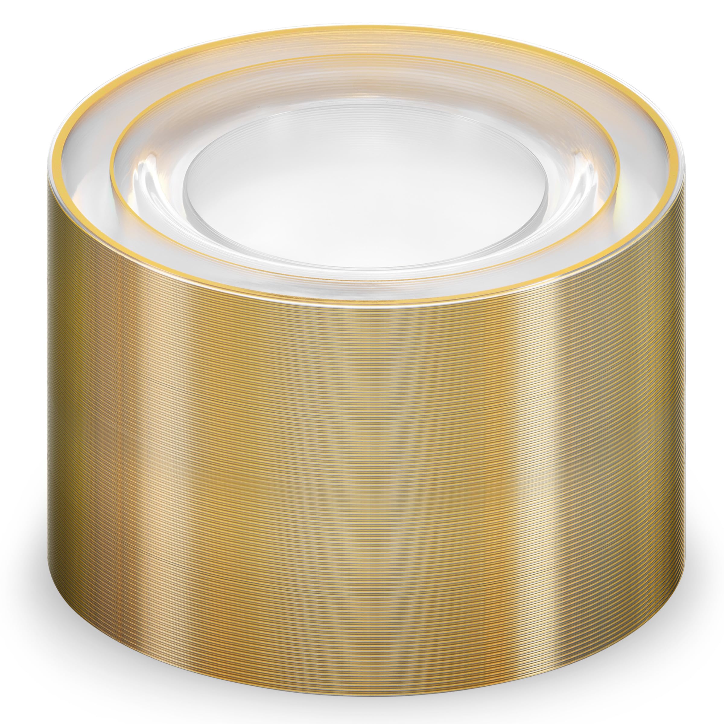 Munfix 100 Gold Plastic Plates Set, 10 Inch Disposable Dinner Plates, Elegant Fancy Heavy Duty for Party, Wedding, Clear with Gold Rim