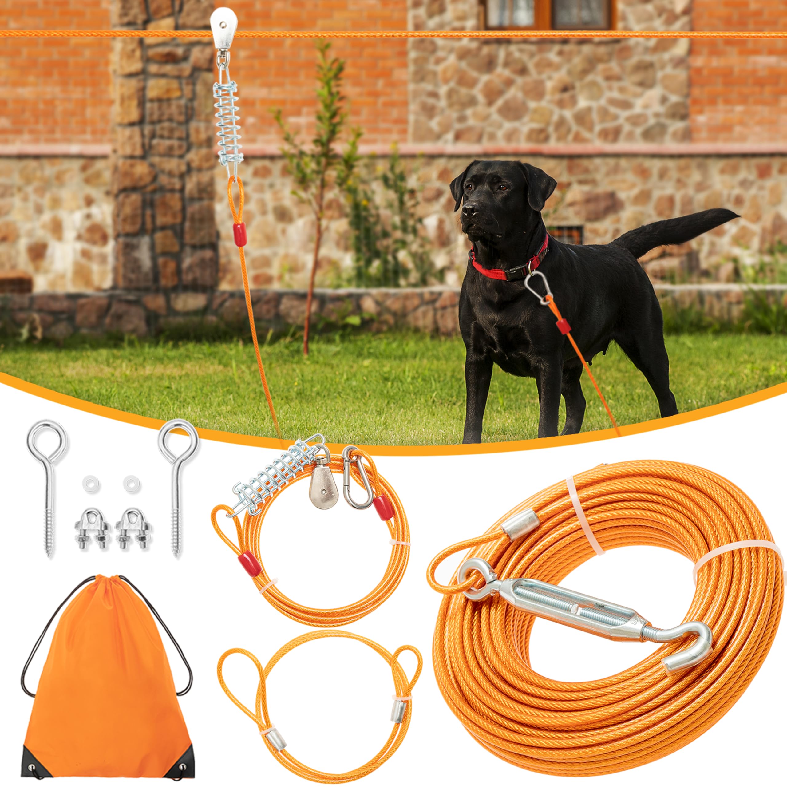 MOTZABO 100FT Dog Tie Out Cable with 10FT Trolley Run Leash for Yard, Heavy Duty Pet Runner Cable Lead Leash for Small Medium Large Dogs Camping,