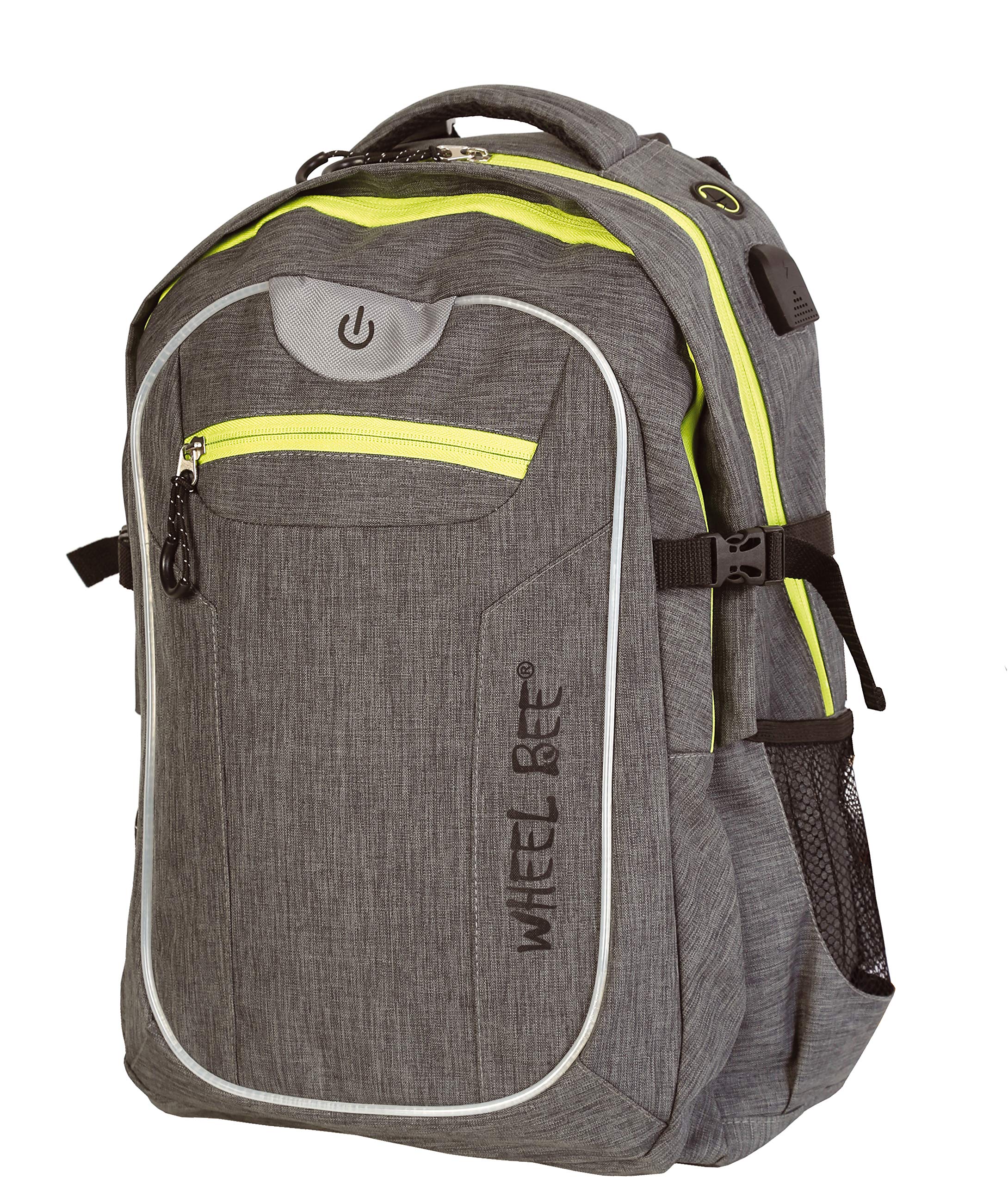 Wheel-Bee Rucksack Revolution, mit integriertem LED Licht (grün) und Reflektorstreifen für Sicherheit und Sichtbarkeit, 30 Liter Volumen, viele Fächer