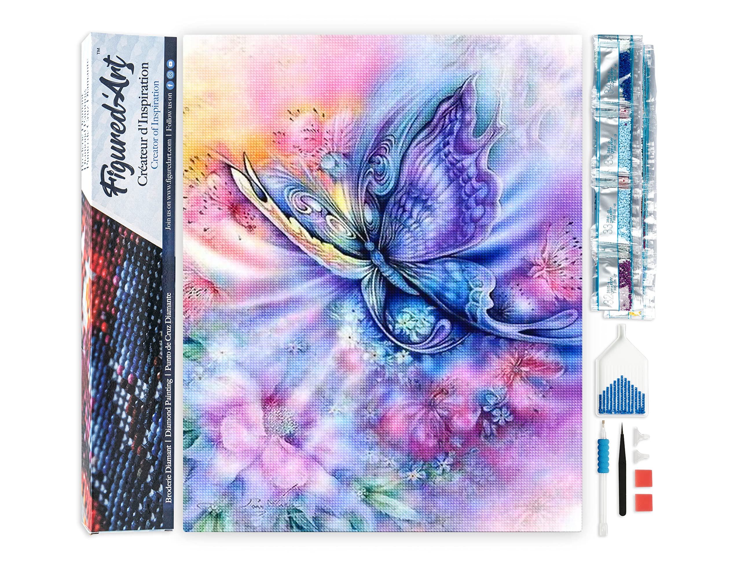 Figured'Art Diamond Painting Art 5D kit completo 40x50cm Tela Arrotolata Interamente da Ricoprire di Diamonds Quadrati - La Farfalla Colorata - Pittura Diamante - Attività Creativa per Adulti