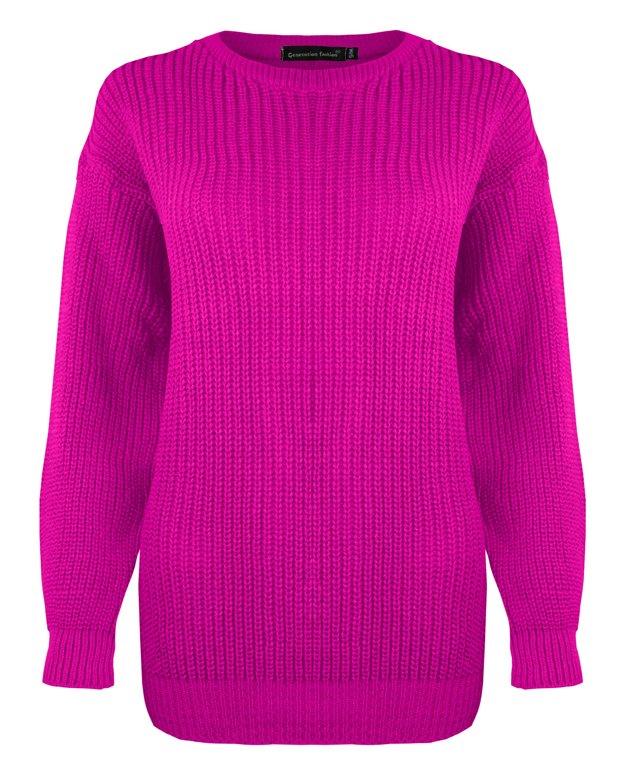 Generation Fashion Women's Fuchsia New Long Sleeve Knitted Baggy Jumper Oversized Sweater Crew Neck Pullover Top[,Sm]