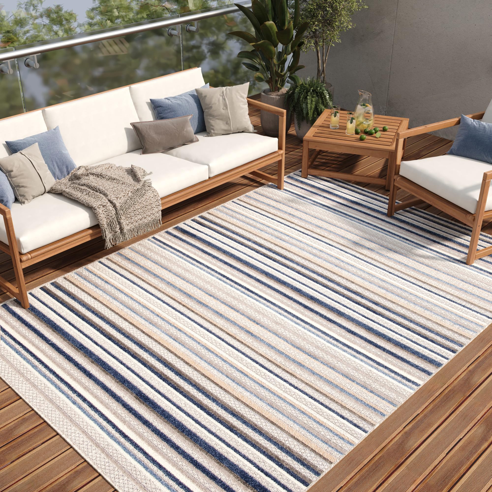 TAPISO Patio dywan tarasowy, mata do kuchni, salonu, na zewnątrz, nowoczesny design, 3D, beżowy, szary, czarny, kremowy, linie, sizal, wytrzymały 200 x 300 cm
