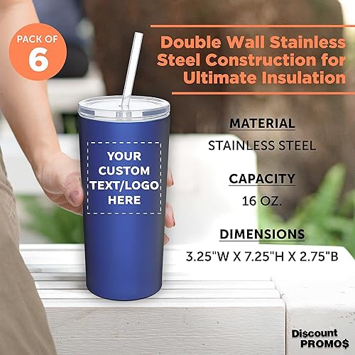 Miniatura 4 de DISCOUNT PROMOS 6 Mira - Juego de vasos de acero inoxidable con pajilla, 16 onzas, texto personalizable, logotipo, doble pared, tapa de Tritan - Azul
