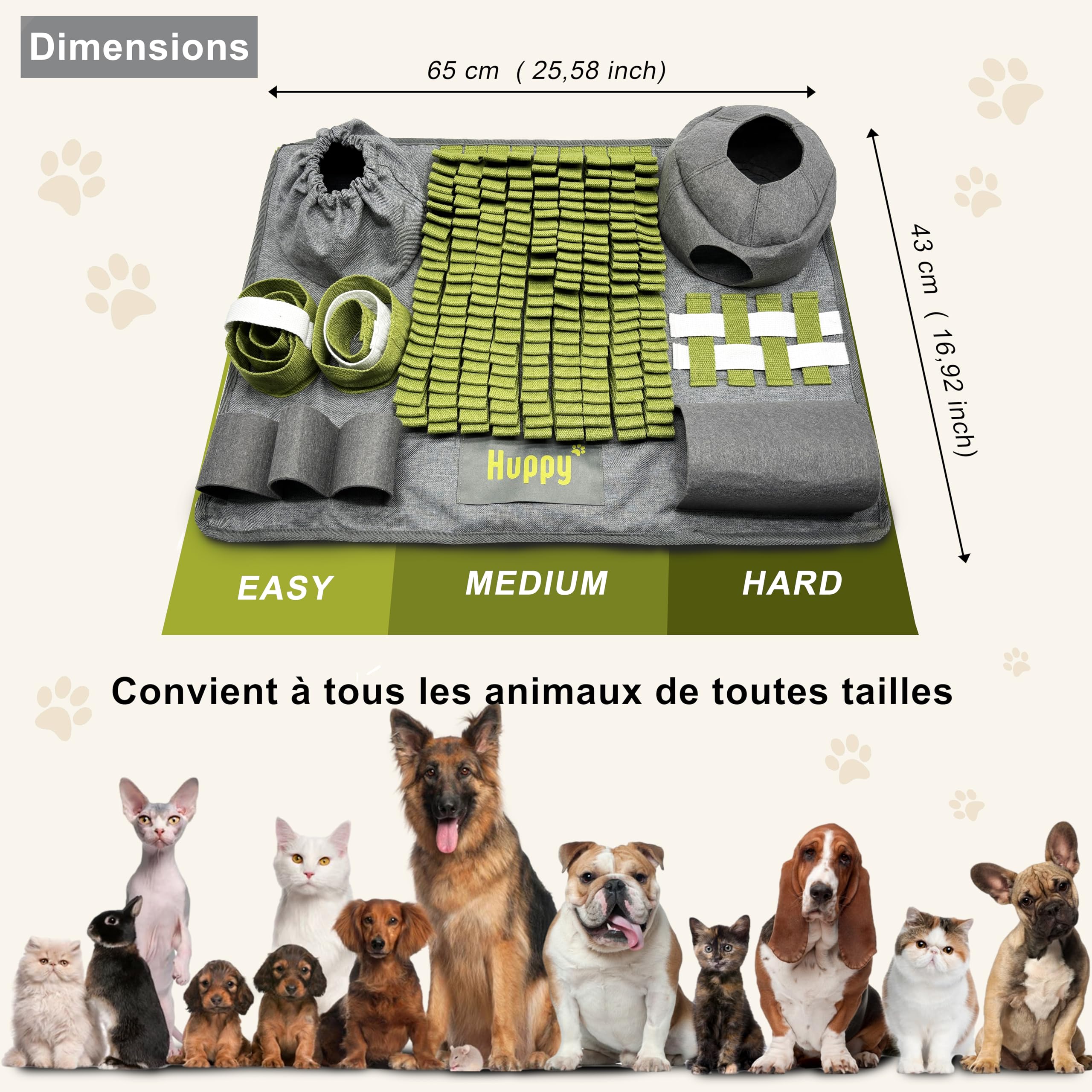 Huppy Tapis de Fouille Chien, Chat – Tapis à Renifler en Tissu Renforcé – Snuffle Mat – Gamelle Anti Glouton, Léchage – Jouet d’Occupation Chiot, Puzzle Alimentation