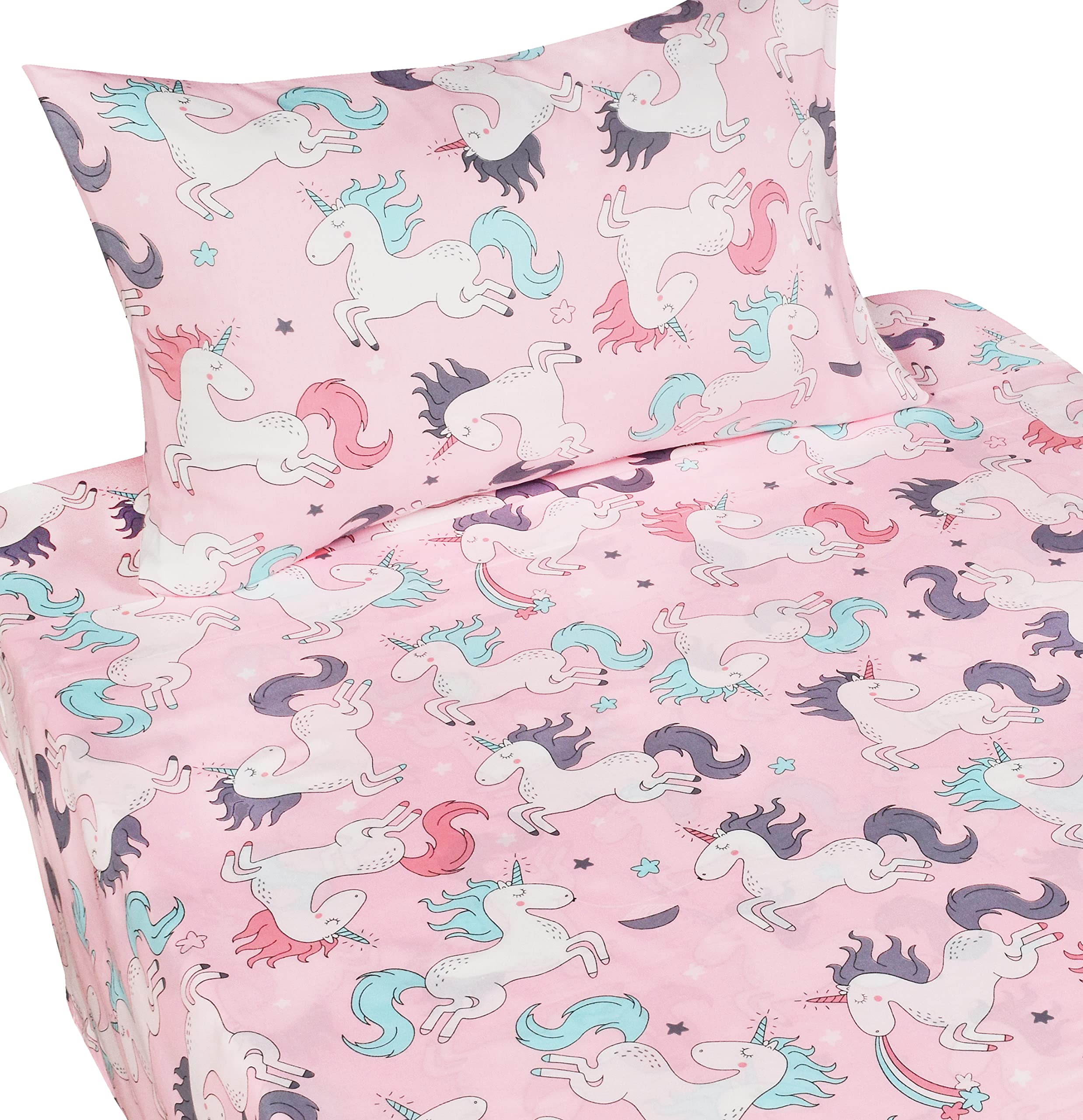J-pinno Juego de sábanas para niñas y niños, 100 % algodón, sábana encimera, sábana bajera y funda de almohada, diseño de unicornio rosa