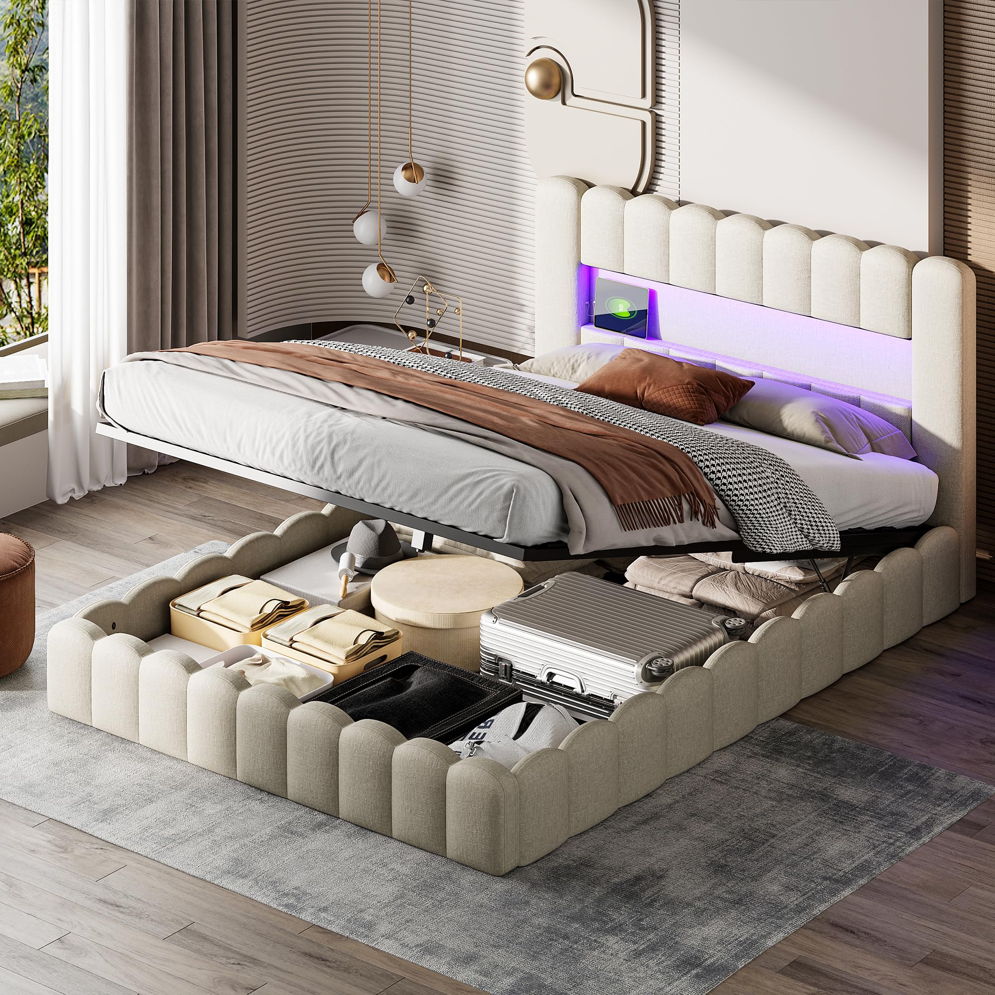 Letto imbottito 180×200, letto contenitore matrimoniale con funzione di ricarica LED e USB-C, struttura letto con rete a doghe, lino, beige, senza materasso e comodino