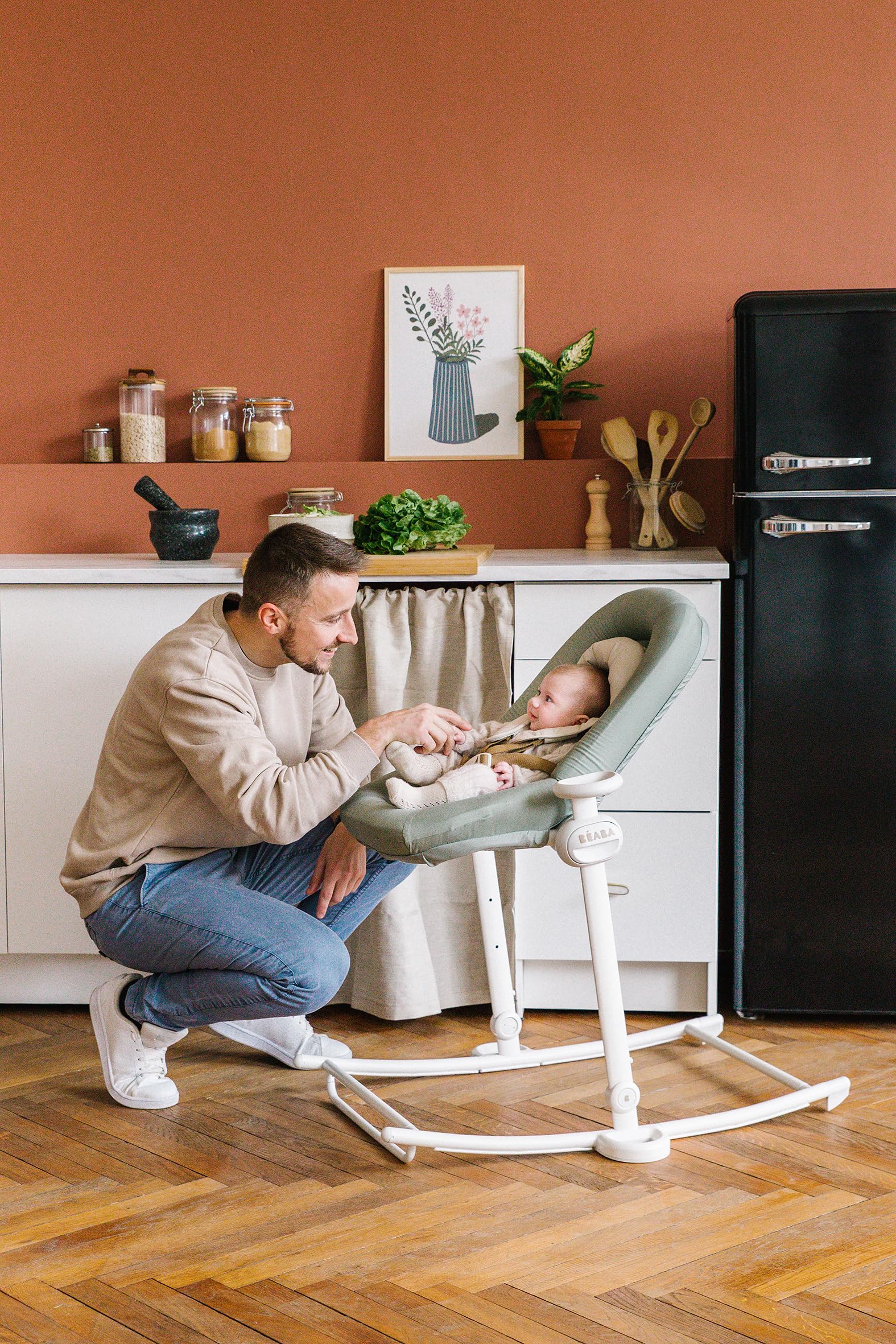 BÉABA, Hamaca, Hamaca Up&Down +, 4 alturas, 3 reclinaciones, Ajustable por simple presión, Plegable, Reductor de nacimiento, Asiento 100% Algodón, Acabado Premium, Arnés de 5 puntos, Patentado, Lichen