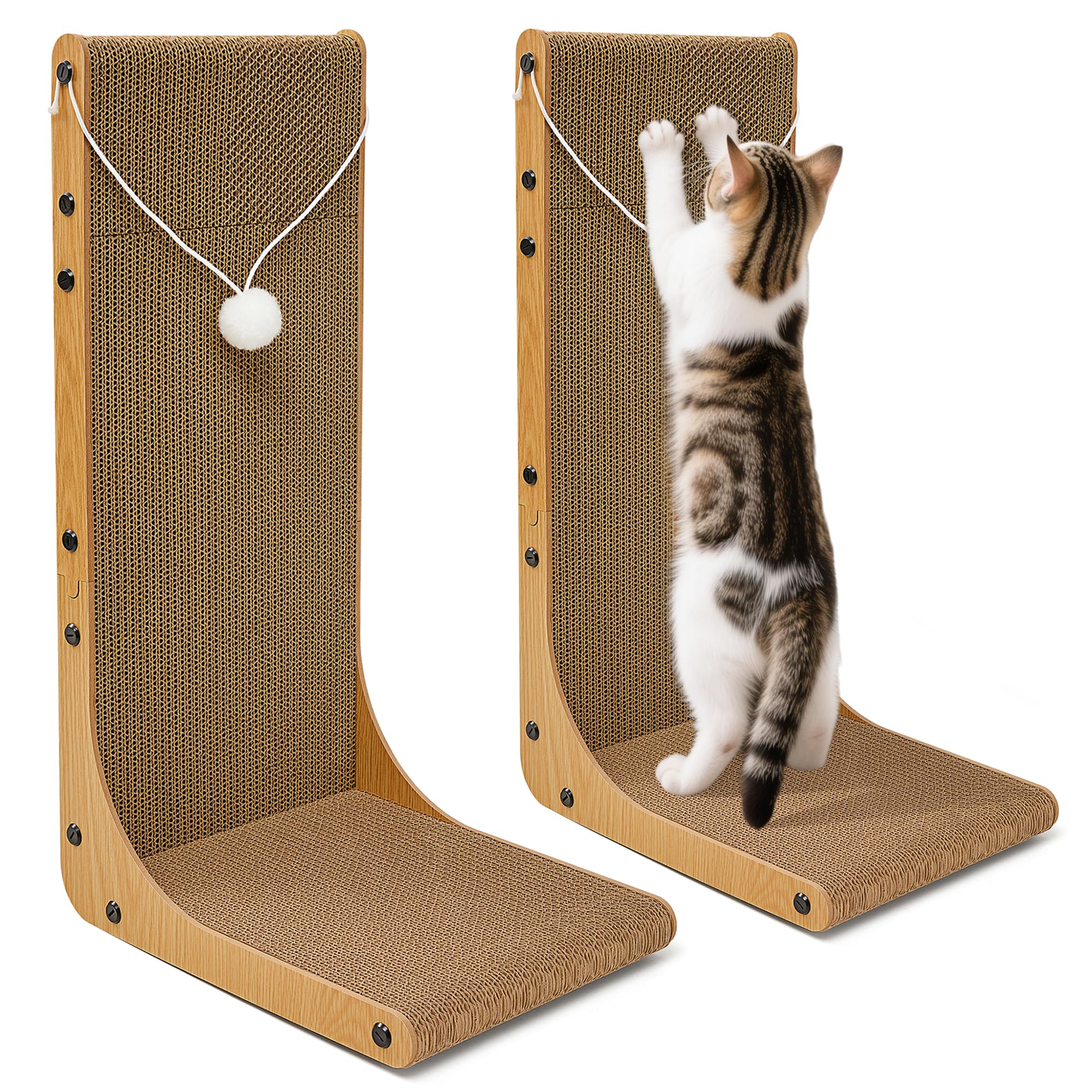 Value 2-Pack 23.6 Inch L-Shaped Cardboard Cat Scratcher, Dual Use (Vert/Horiz) Scratch Pad with Toy Balls, Wall-Mountable Furniture Protector Cat Scratchers for Indoor Cats, Couch & Wall