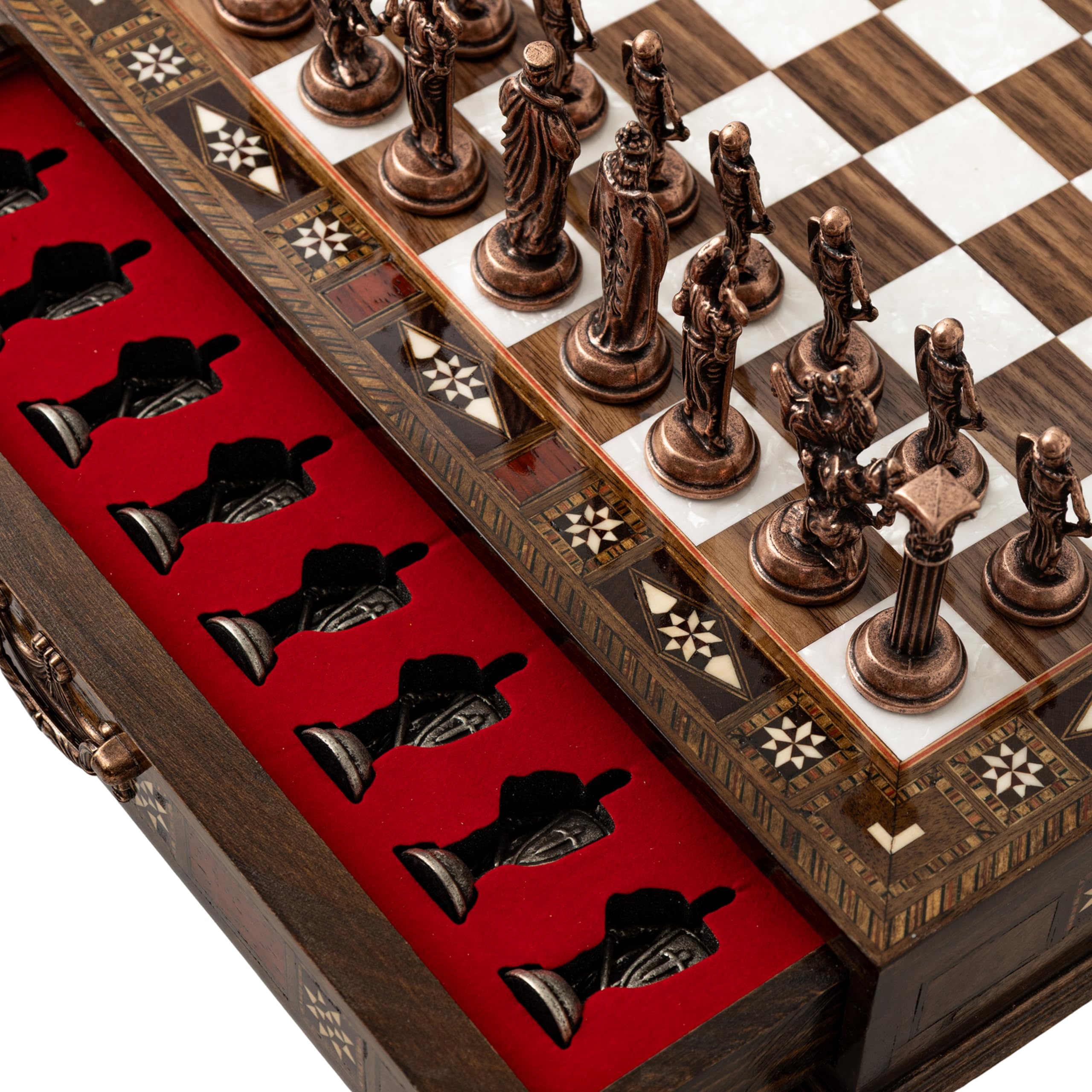 15’’ Handmade Chess Set with British Army Metal Chess Pieces, Luxury Storage Chess Board, for All Ages, Ideal for Father, (Walnut)