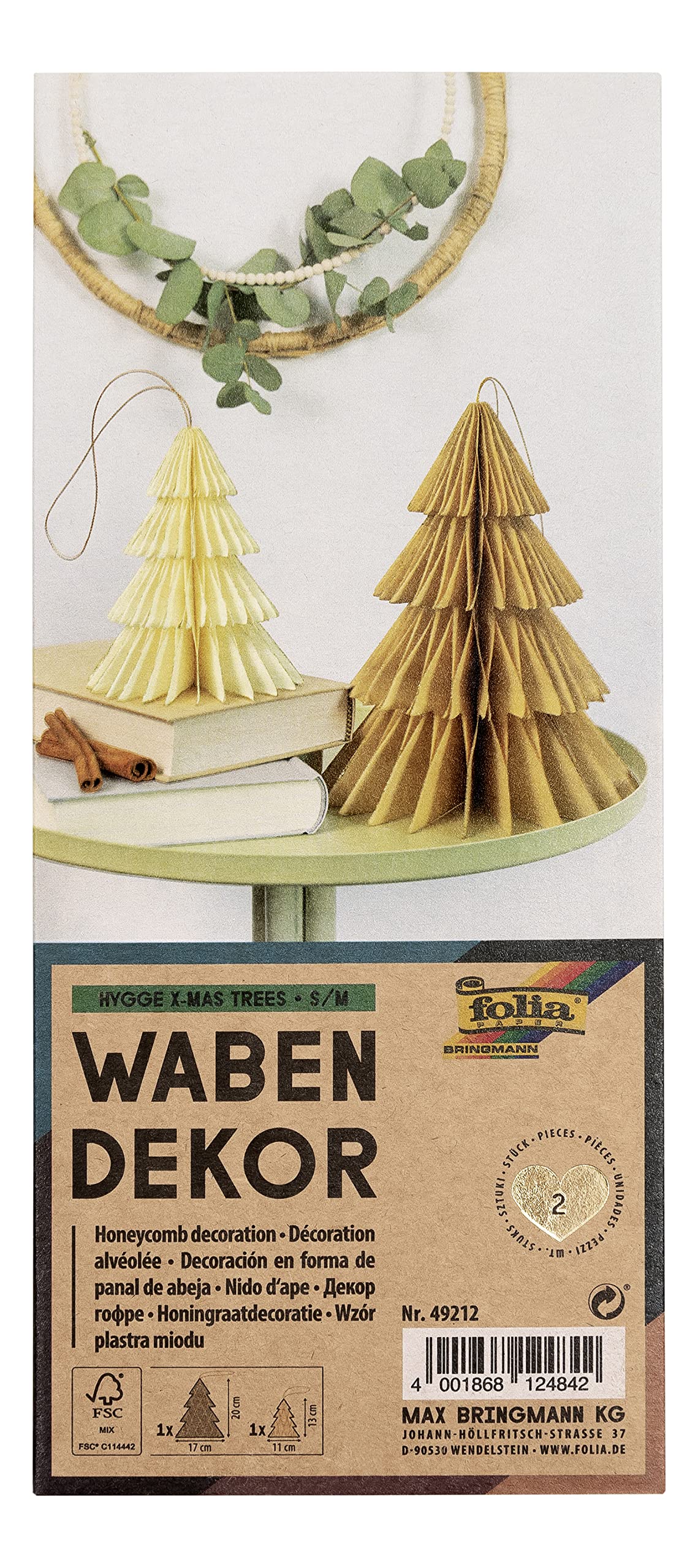 folia Hygge Xmas Trees 49212 Honeycomb Decoration Set of 2 Foldable Christmas Decorations for Indoor Use Beige/Cream S/M