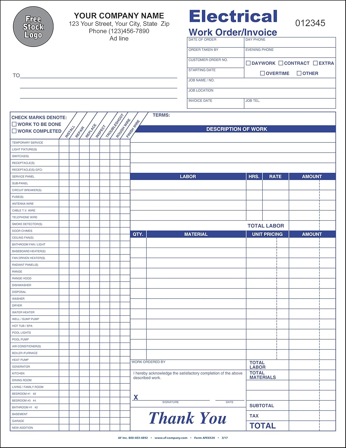 Electrical Service Order/Invoice, 3 Copy (Triplicate), 8.5"x11" - Personalized for Free (100 Forms)