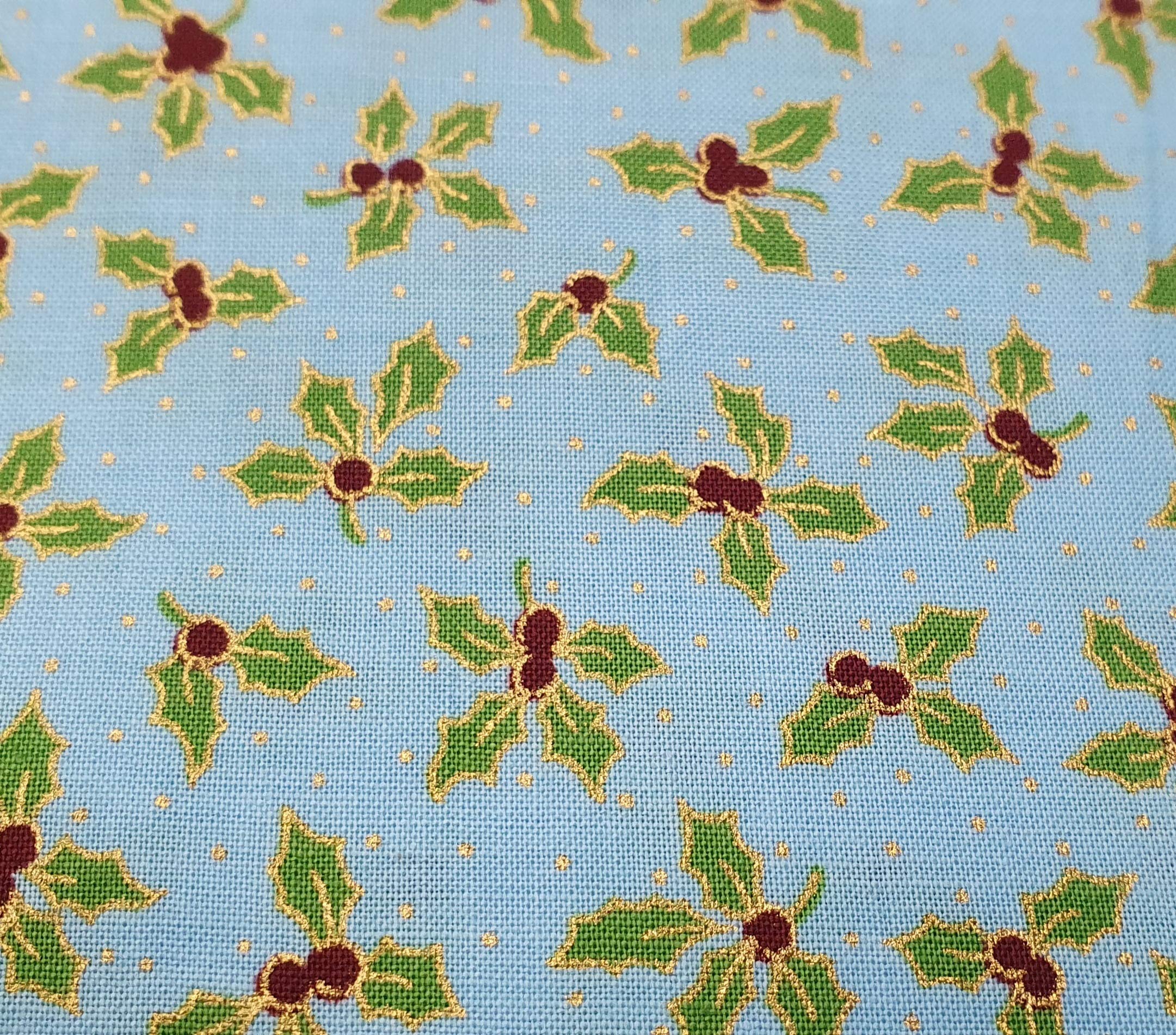 Christmas Fabric - Turquoise & Metallic Gold Small Holly & Berry Print - Cotton Craft Fabric Material Metre (806ERC)