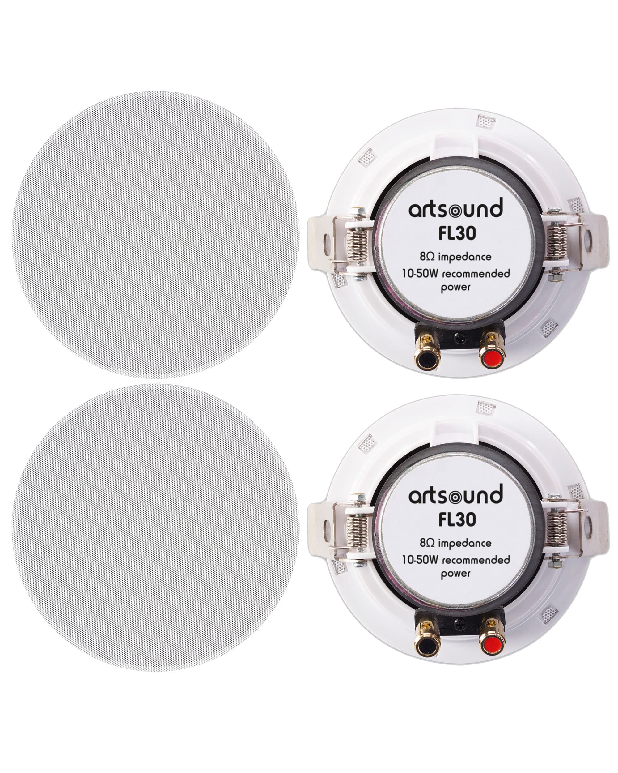 ArtSound FL30 - Haut-parleurs muraux passifs (2 pièces) - idéal pour l'intérieur, Le Bureau, Les Toilettes, la Cuisine, la Salle d'attente - 20W, Gamme complète, Rond, Blanc