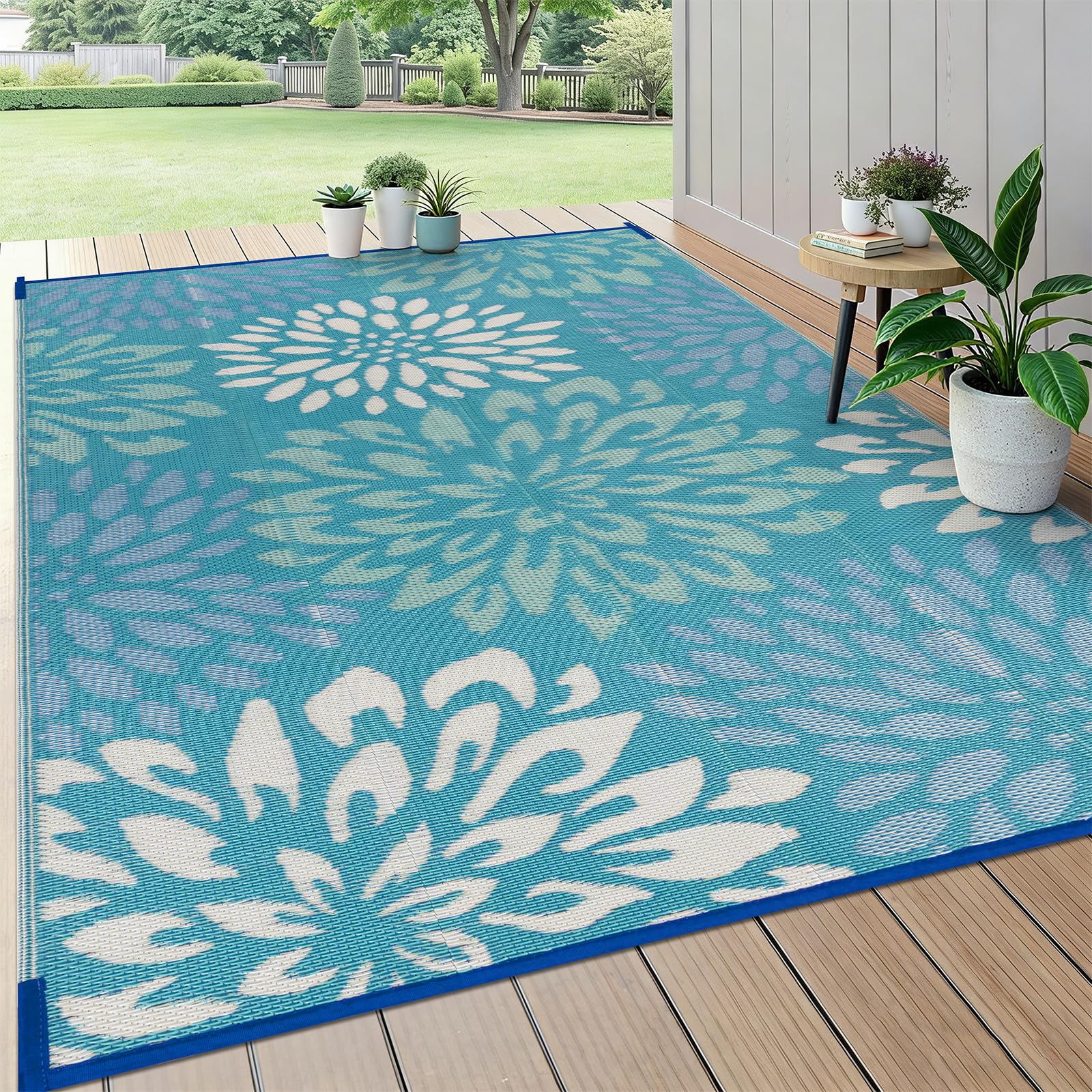 HEBE Waterproof Outdoor Rug 5'x8', Floral Reversible Plastic Patio Rug