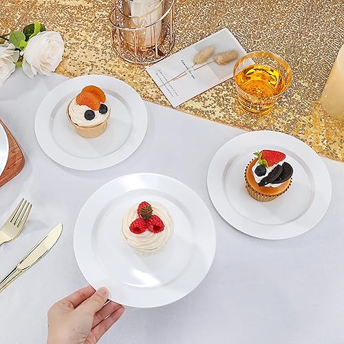 Miniatura 8 de 100 platos de plástico dorados, platos de postre desechables de 7.5 pulgadas con borde dorado, platos de plástico desechables resistentes para