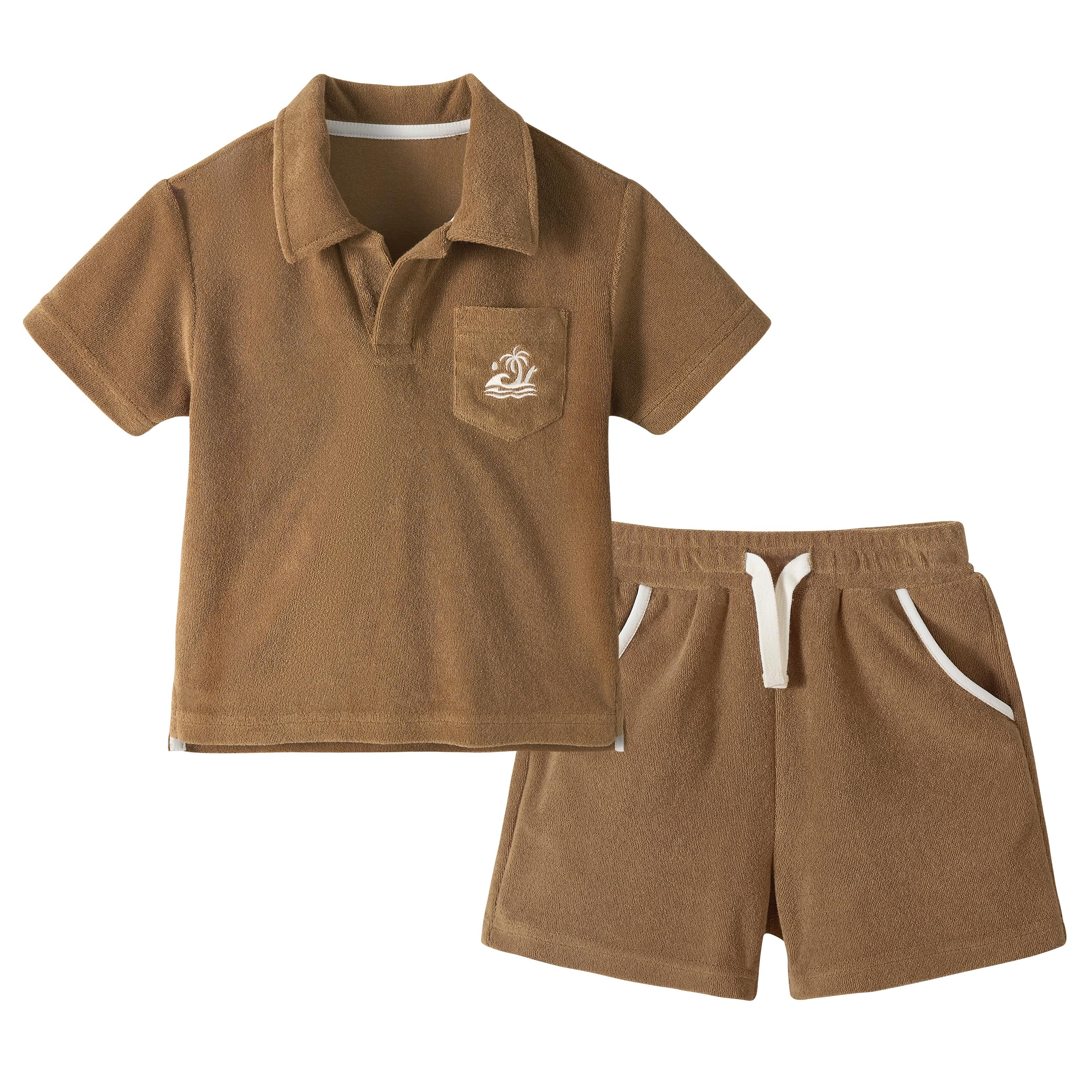 Volunboy Ensemble été Bébé Garçon en Tissu Éponge, Chemise à Col Mouette et Short à Taille Élastique pour Plage et Loisirs