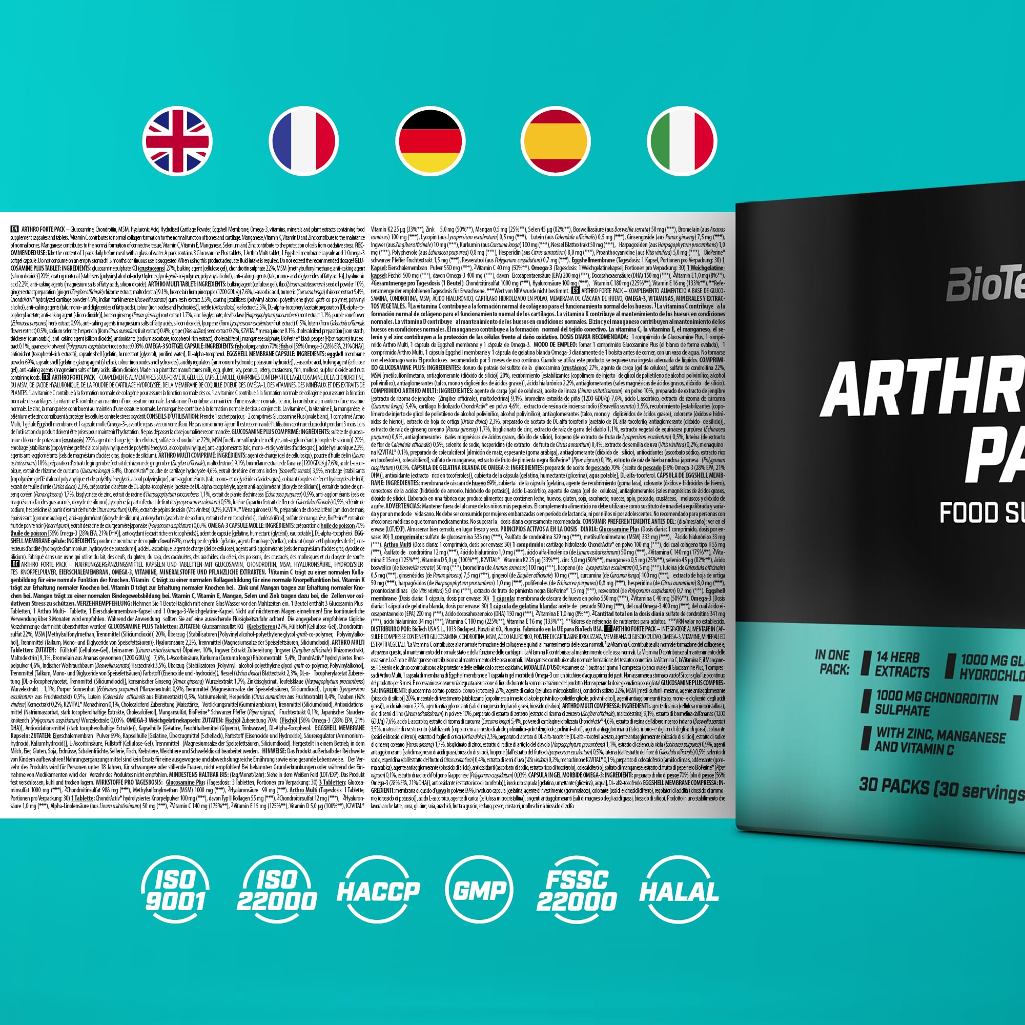BioTechUSA Arthro Forte Pack, Paquet de complément alimentaire contenant de la glucosamine, de la chondroïtine, du MSM, des extraits de plantes, 30 paquets