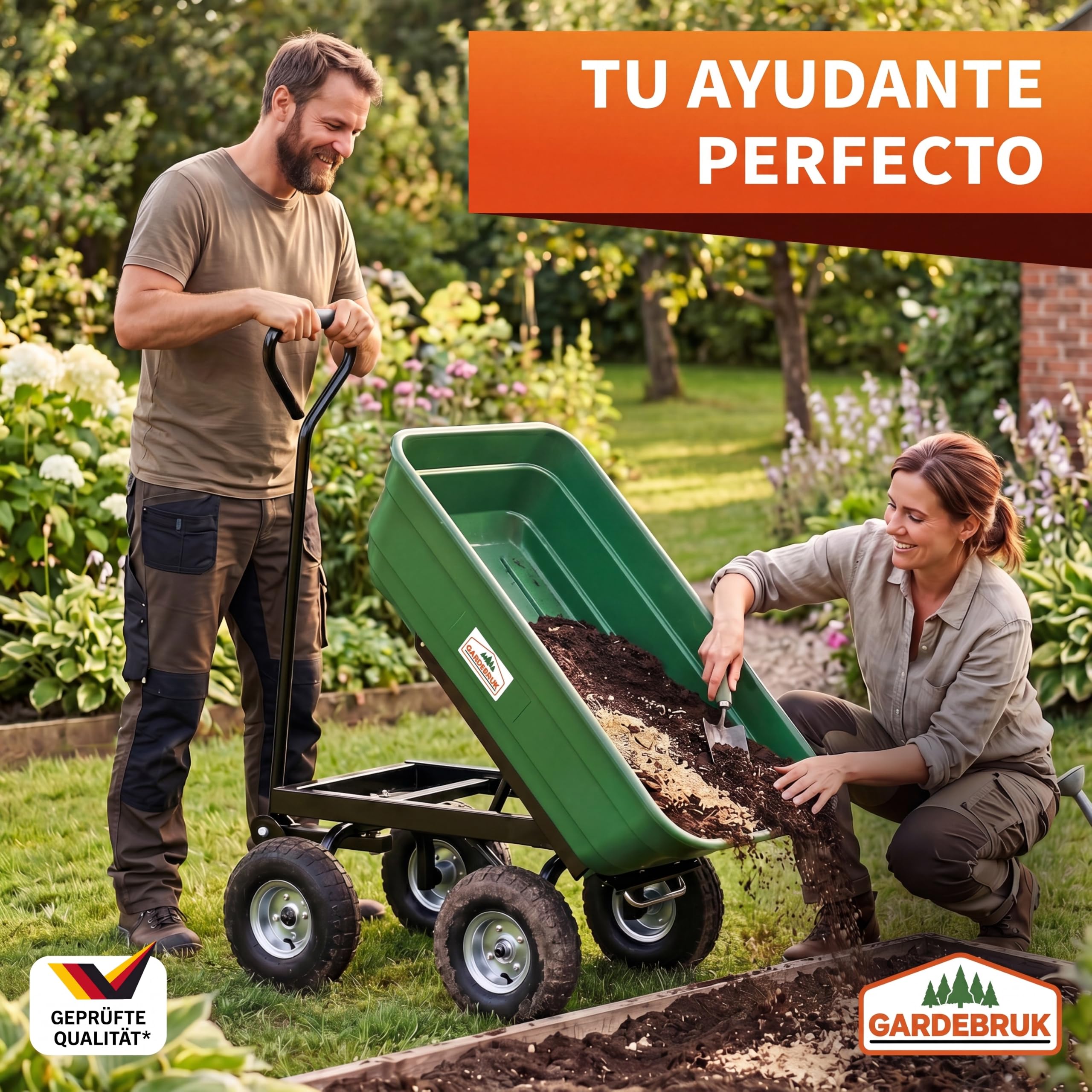 GARDEBRUK Carretilla de Jardín 75L | Basculante, Carga 300Kg, 4 Ruedas Neumáticas, Llantas Acero, Eje Dirección, Asa Acolchada, Marco Acero, Cubeta Plástico