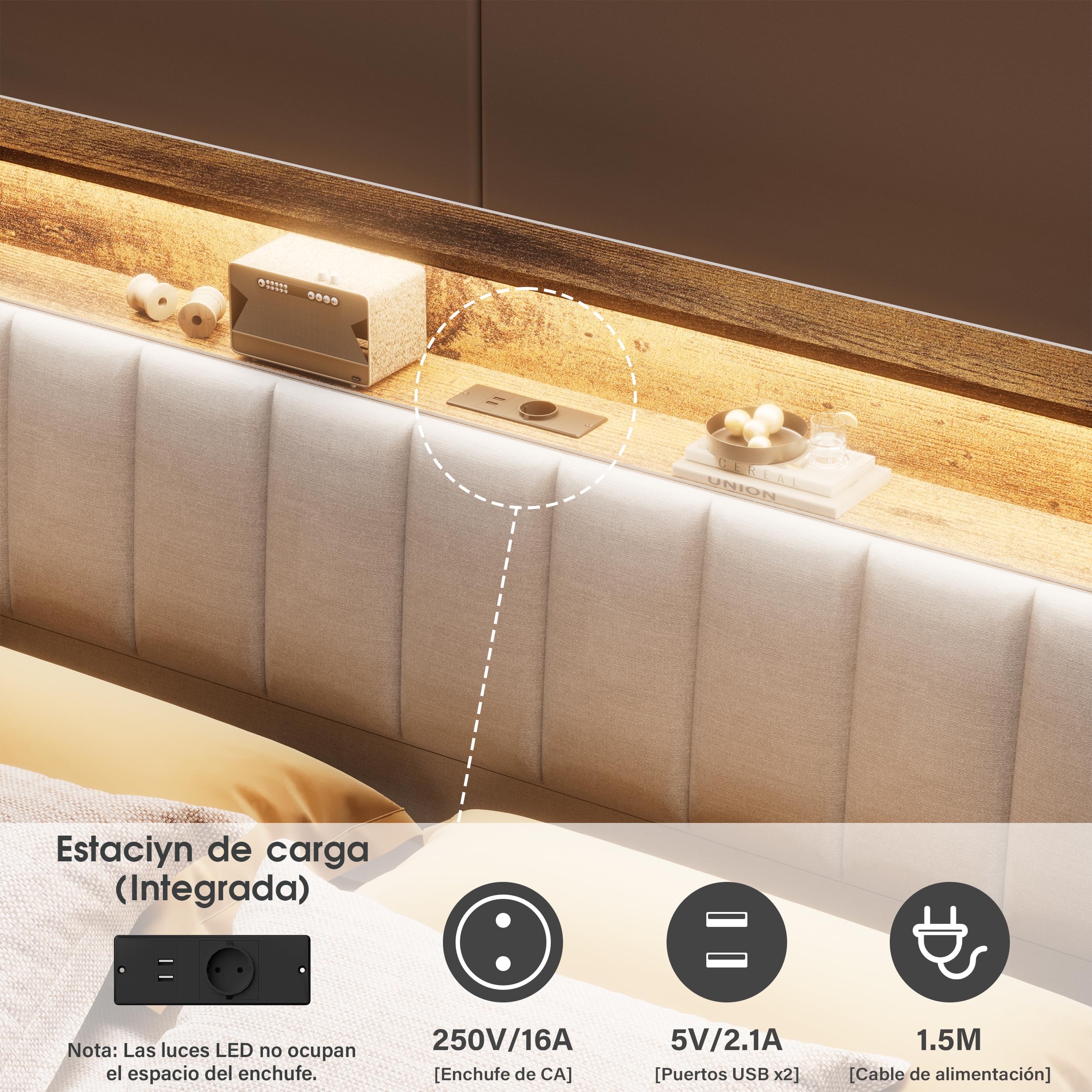 DEWINNER Estructura De Cama 140x190 con Iluminación LED, Cama Doble con Cabecero con Espacio De Almacenamiento, con Múltiples Enchufes (1 Toma De CA, 2 Puertos USB), Estructura Robusta
