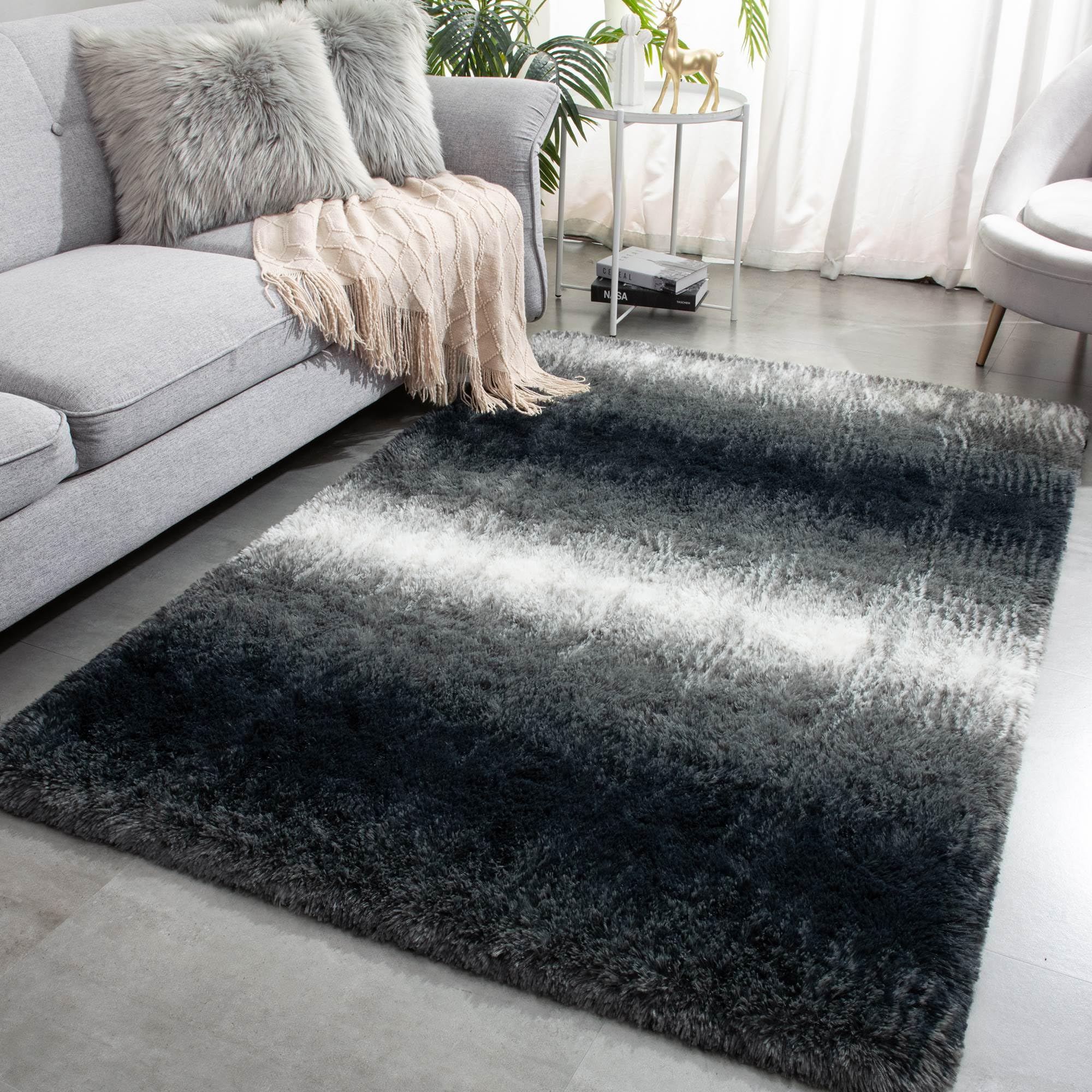 Meralax Area Rugs for Living Room Bedroom, Gradient Black 5x8 Feet Soft Fluffy Shaggy Bedside Rug, Machine Washable Indoor Floor Carpet for Kids Boys,