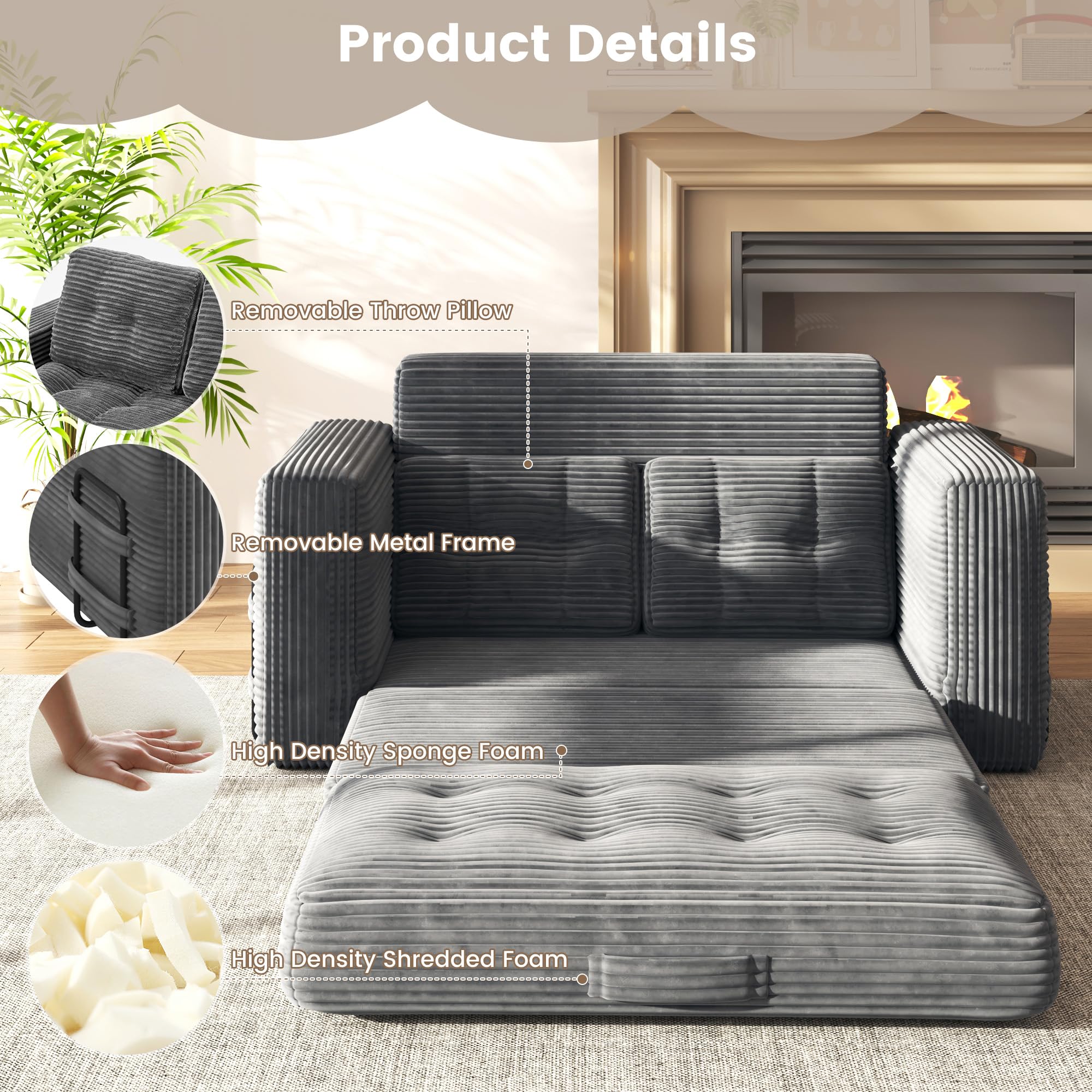 EROMMY 56" Boneless Couch Bed, Convertible Sofa Bed with Corduroy Fabric, Small Loveseat Sleeper Sofa for Small Spaces, Pull Out Futon Couch with 2 Pillows, No Assembly, Grey