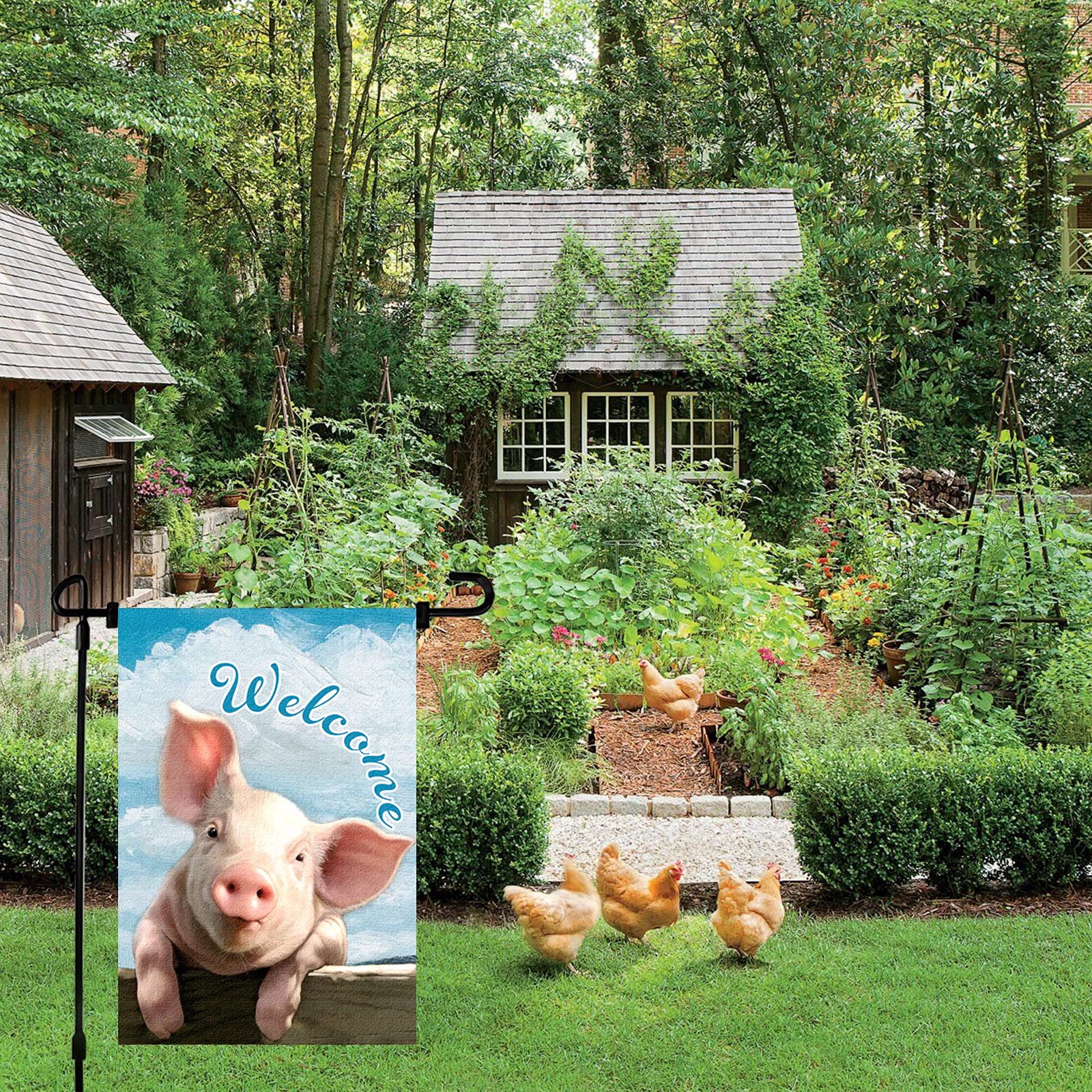 Gartenflagge 'Welcome' Mit Sonnenblume & Schweinchen – Doppelseitig, 30,5 X 45,7 Cm