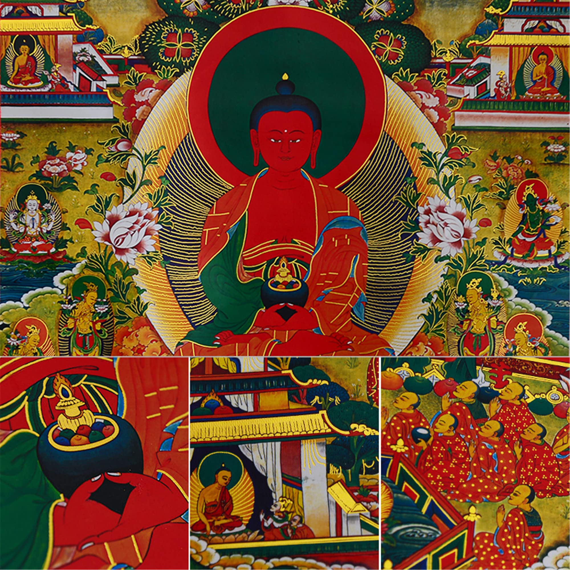 Gandhanra Thangka Tibétain - Terre Pure d'Amitabha Thangka - Peinture Tantrique Bouddha à Dorure - Tapisserie Mural pour Décoration Zen - Méditation et Relaxation Spirituelle