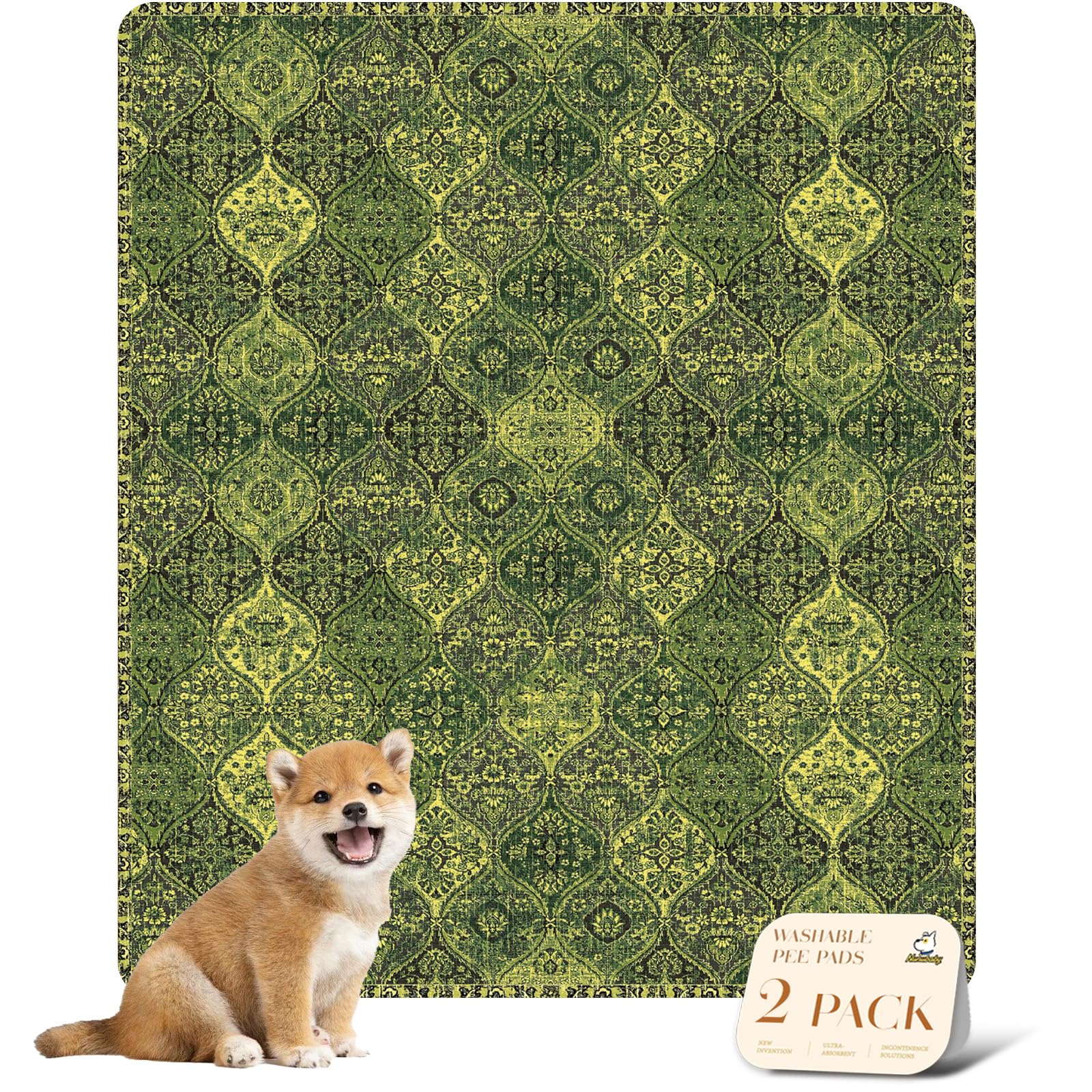 nunubaby Washable Pee Pads for Dogs, Stylish, Non-Slip and Leak-Proof Pee Pads. Reusable Potty Pads for Dogs for Crates and Floors.(Green/Multi,31" x36" )