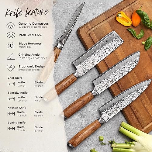 Miniatura 4 de Wakoli Juego de cuchillos de Damasco, 4 cuchillos de cocina profesionales con bloque magnético, juego de cuchillos de cocina hechos de cuchillas de