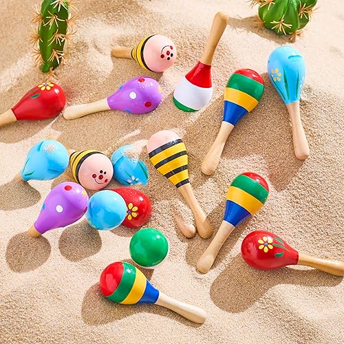 Miniatura 7 de JOYIN 24 mini maracas de madera del Cinco de Mayo para niños, recuerdos de fiesta y maracas de bebé con sonajero de madera coloridos ruidos