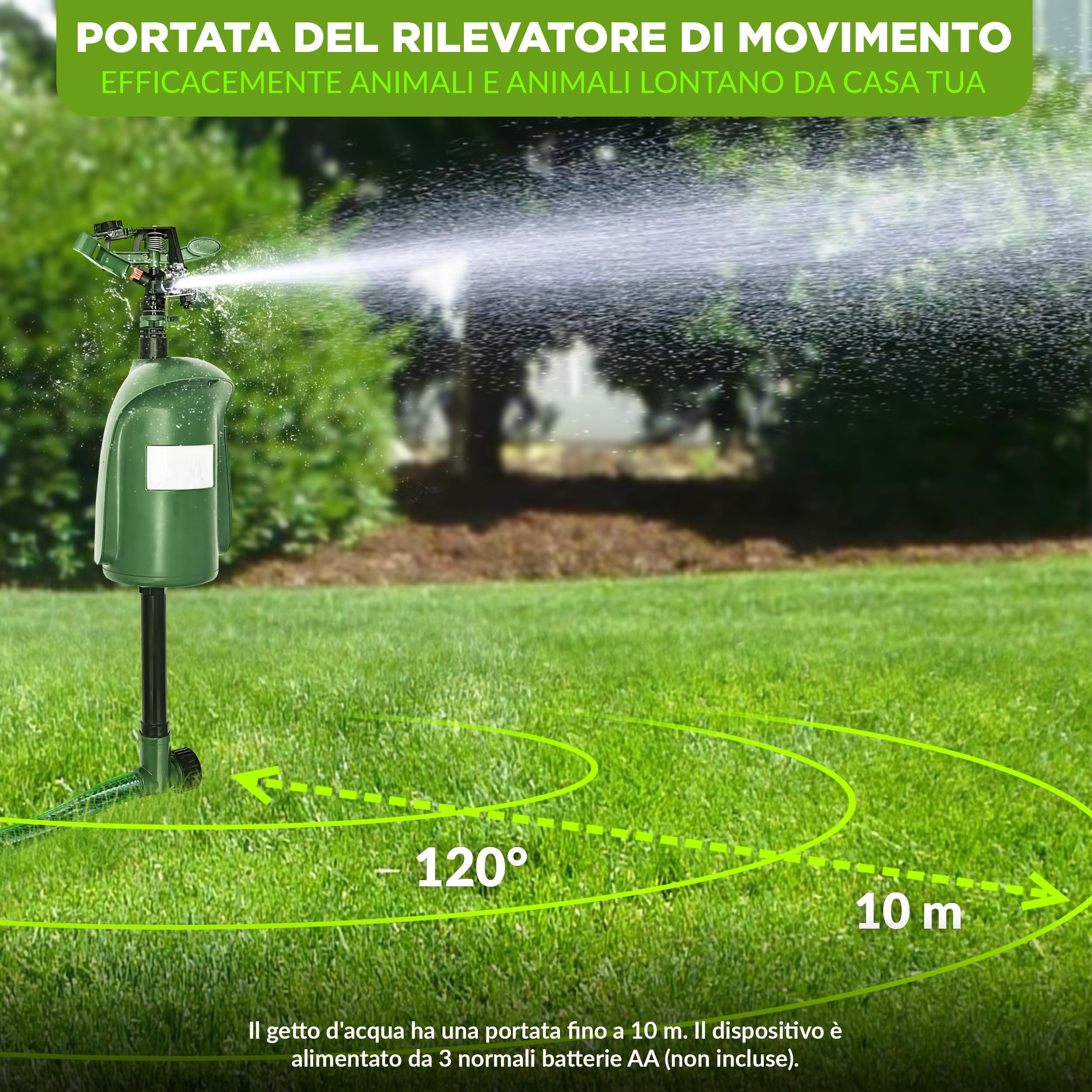ISOTRONIC dissuasore animali getto d'acqua gatti aironi martore rilevatore movimento 120° raggio regolabile giardino laghetto 2 pezzo efficace esterno spruzzatore automatico difesa protezione stop