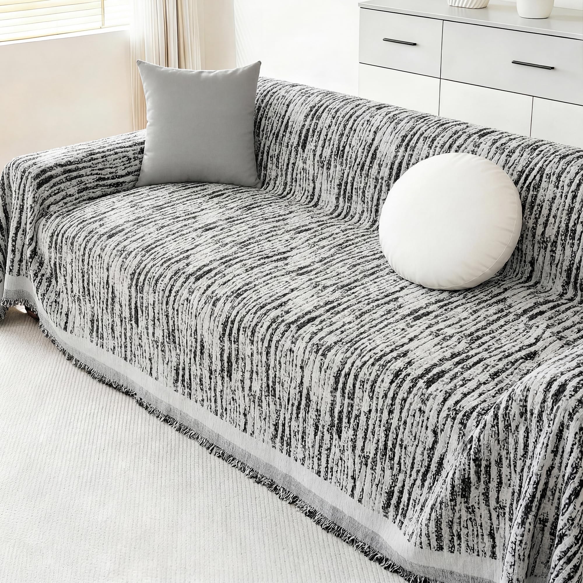 Edlbaegy Boho Sofa Cover 2 Seater Chenille Sofa Slipcovers AB Double-Sided Corner Couch Covers with Tassel Washable Settee Protector for Furniture Loveseat Futon L Shaped Sofa (Black,180x260cm)