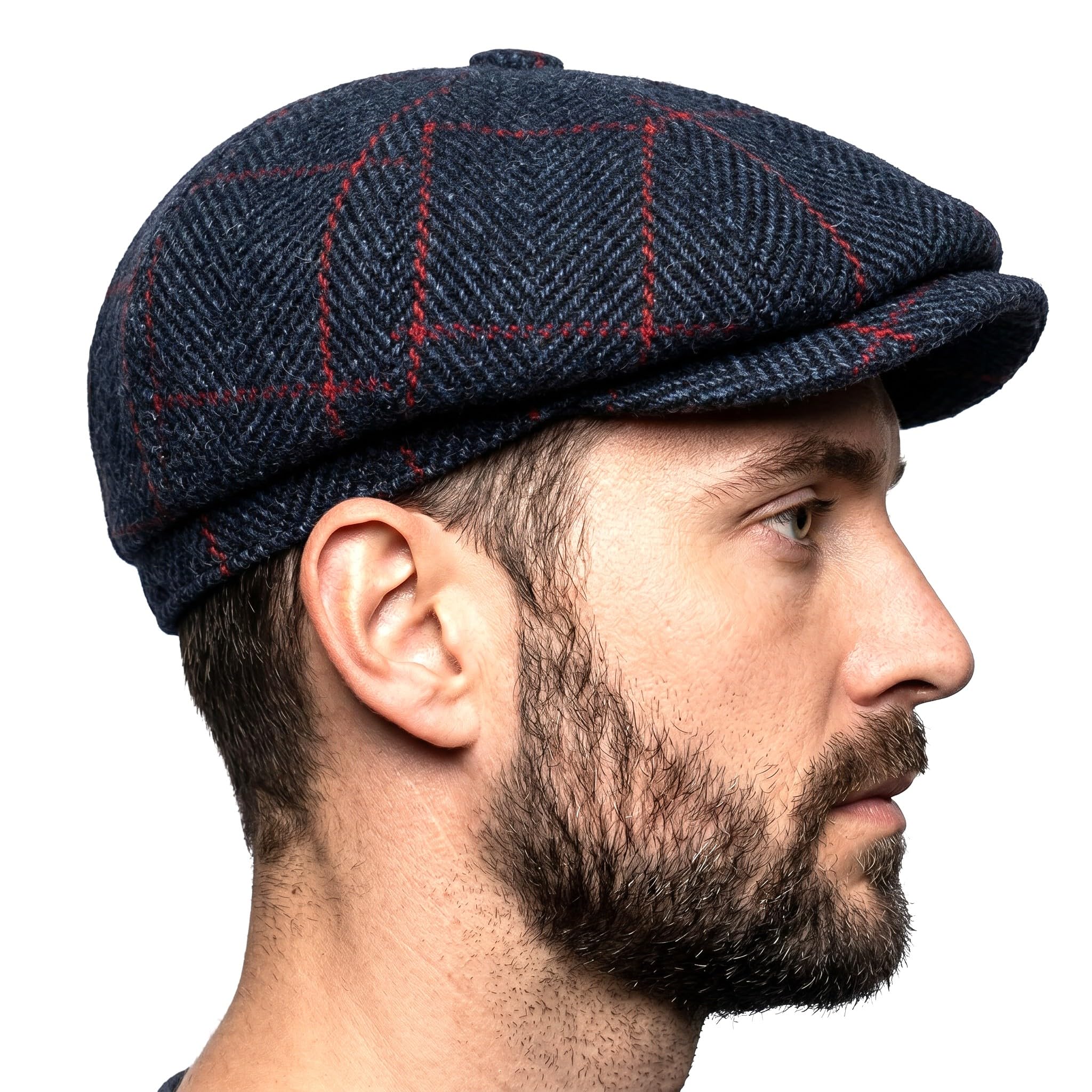 Tartan Tweeds Harris Tweed Traditional Peak Eight Panel Newsboy Cap British Made (UK, Alpha, L, Navy Herringbone Red Overcheck)