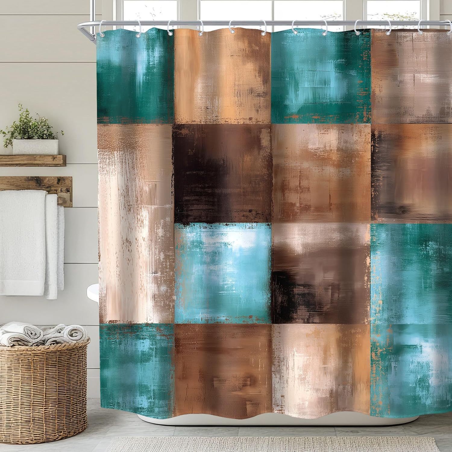 KOMLLEX Brown Grey Abstract Shower Curtain for Bathroom Decor 72Wx84H Inches Extra Long Geometric Plaid Modern Farmhouse Rustic Country Vintage Aesthetic Fabric Waterproof Polyester 12 Pack Hooks