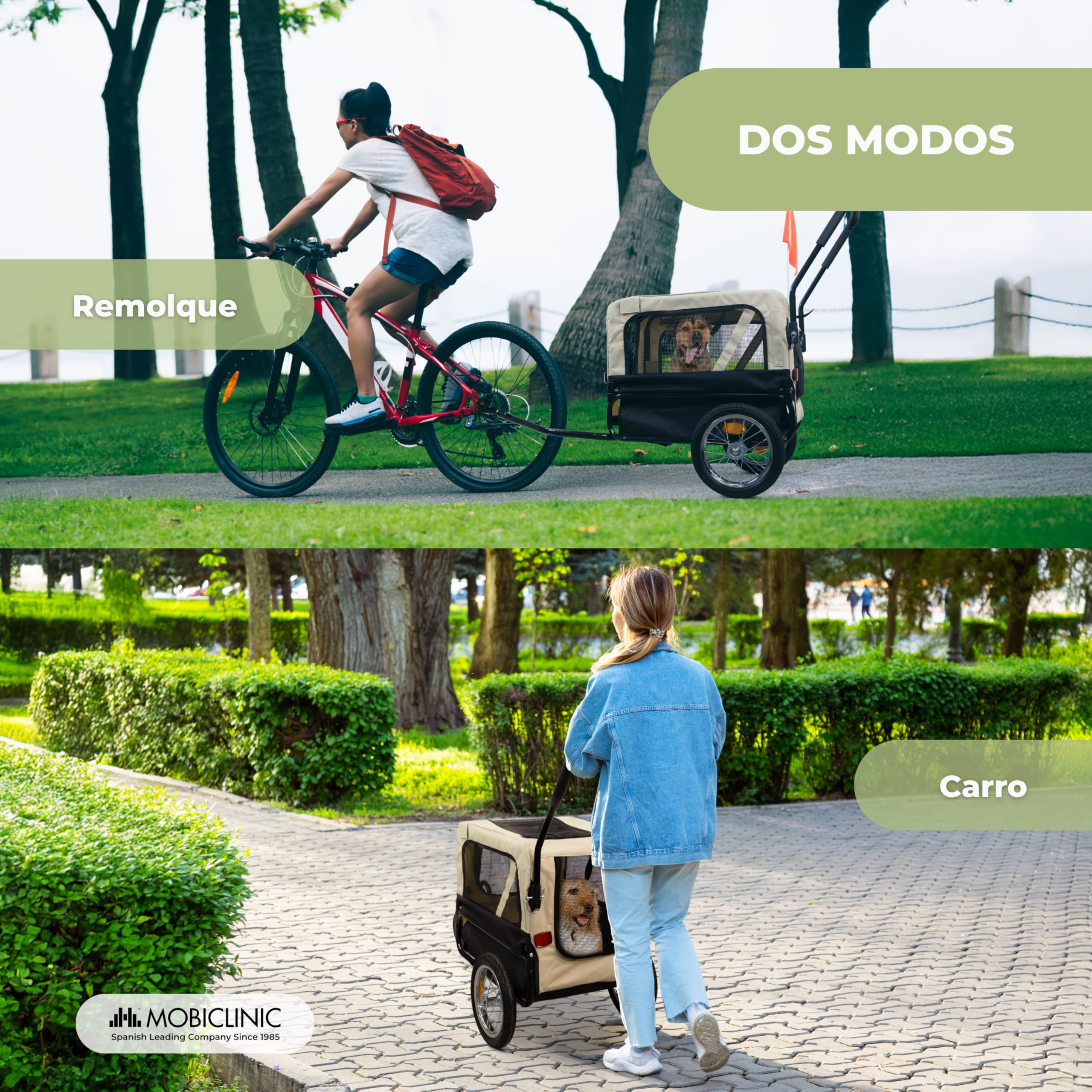 Mobiclinic®, Remolque de Bicicleta para Perros + Carro de Transporte, 2 en 1, hasta 40 Kg, Cubierta Impermeable, 123x67x100 cm, Reflectores y Bandera, 600D Oxford, para Perros Pequeños y Medianos