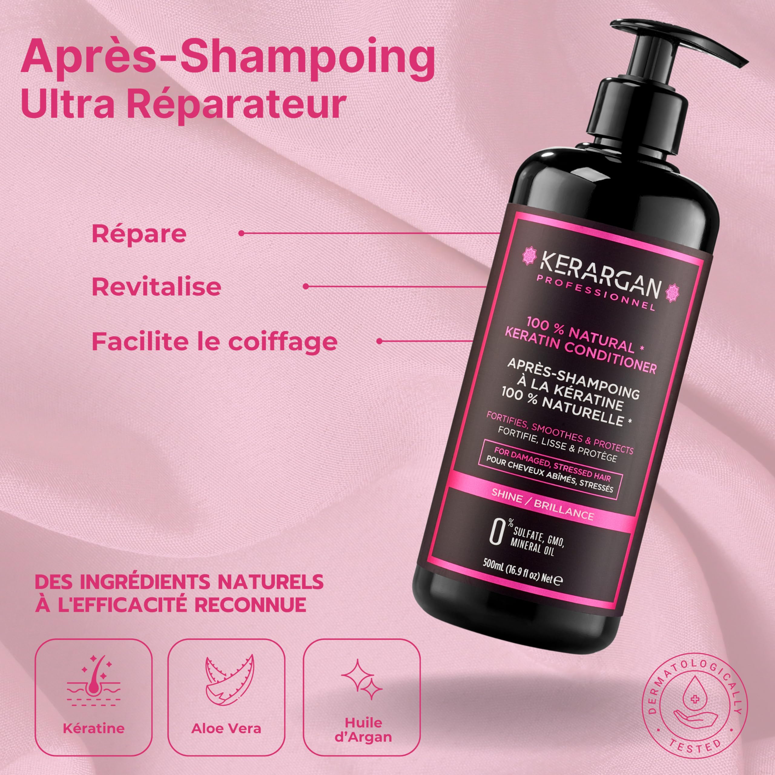 Kerargan - Duo Ultra Réparateur Shampoing & Après-shampoing à la Kératine pour Cheveux Abîmés et Stressés - Fortifie, Lisse & Protège - Sans Sulfate, OGM, Silicone - 2x500 ml