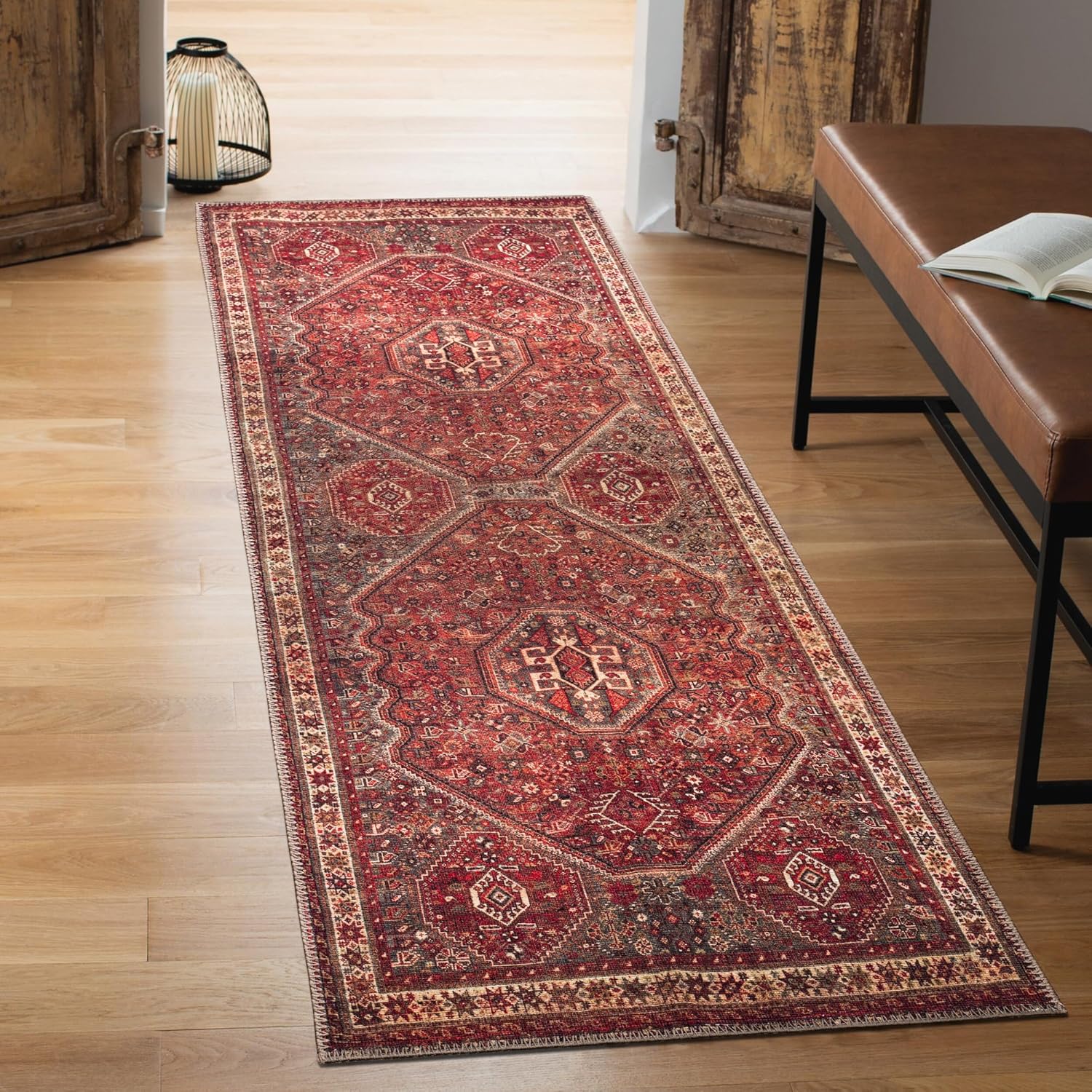 Keen Home Design Machine Washable Area Rugs with Non-slip Backing, Ideal for Hallway, Living Room, Bedroom, Kitchen and Laundry Room, Vintage Moroccan and Low Pile Rug - (2'6'' x 10') 2'6'' x 10' Red/Brown
