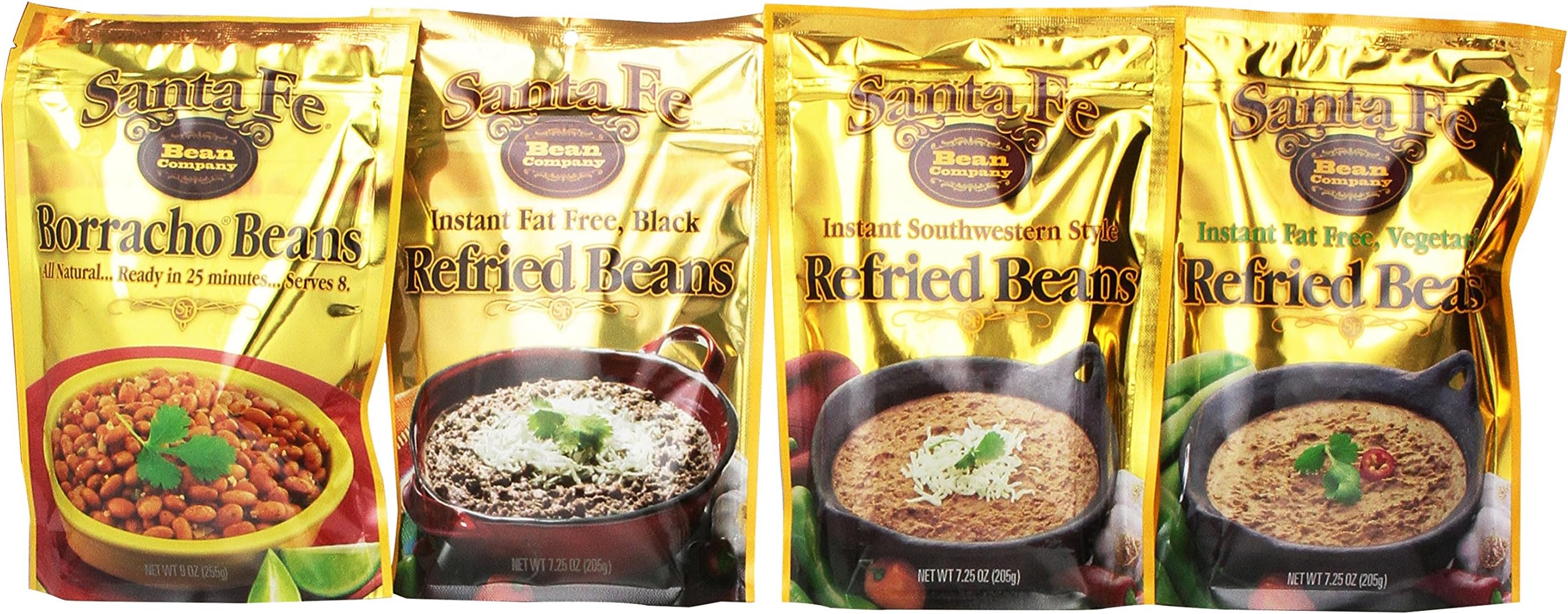 Santa Fe Bean Company Variety (Pack of 8) Instant Bean Variety Pack: Borracho Beans, Fat Free Vegetarian, Black Bean Refried Beans in Pouches for Easy Preparation