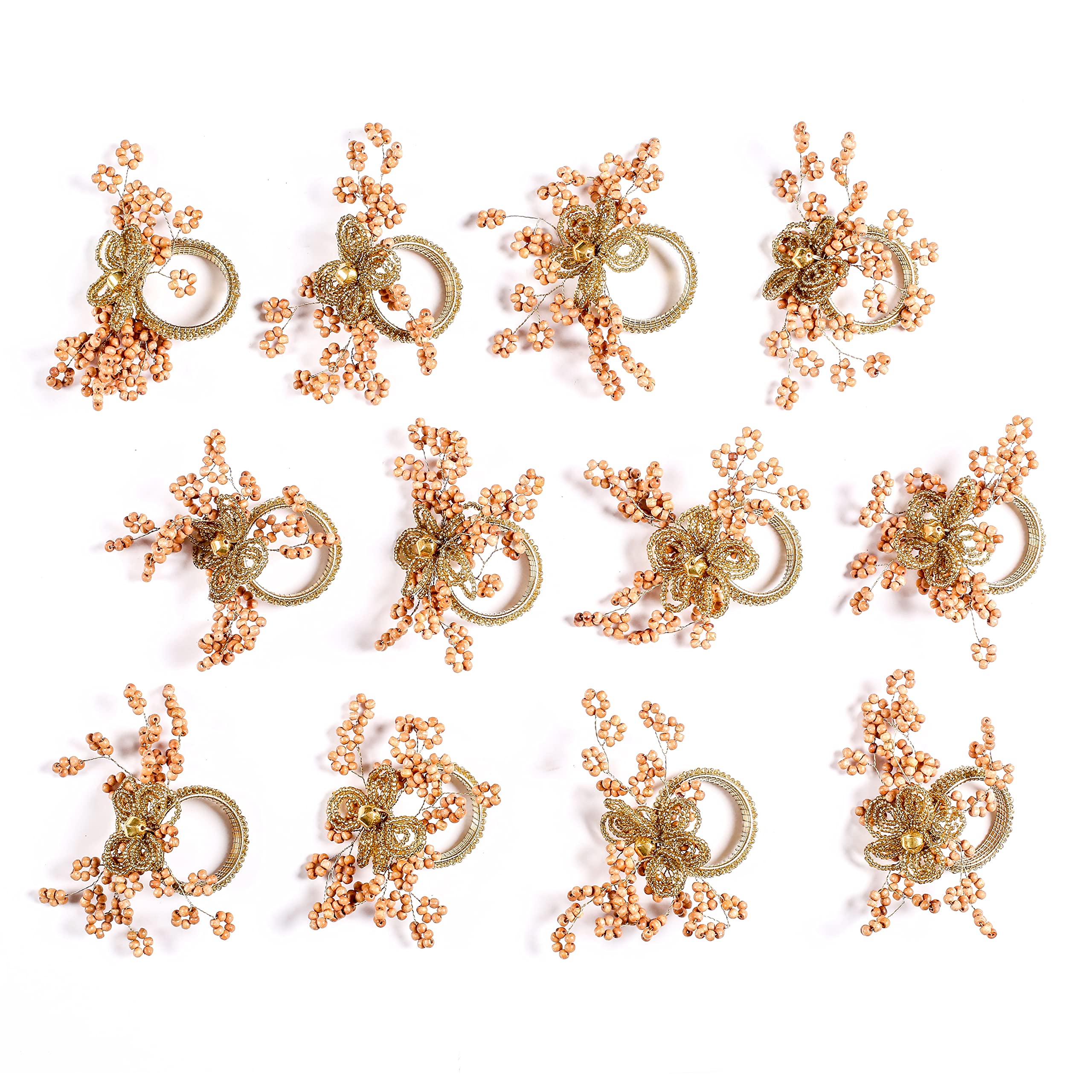 Homebia Designs Natural Wooden Beads Napkin Ring Set of 12 - Elegant Fancy Beautiful Decorative Napkin Holder for Dinner Table Décor/Christmas/Farmhouse/Wedding/Party/New Year/Easter & Everyday Use