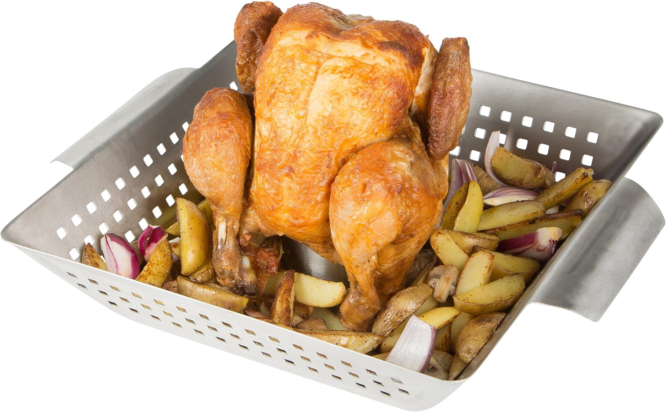 Bruzzzler Chicken Roaster, Poultry Grill Made Of Stainless Steel, Ideal for Crispy Roast Chicken, Grill with Aroma Attachment for Filling with Beer, Spices etc., for Closed Grills and Ovens, Silver