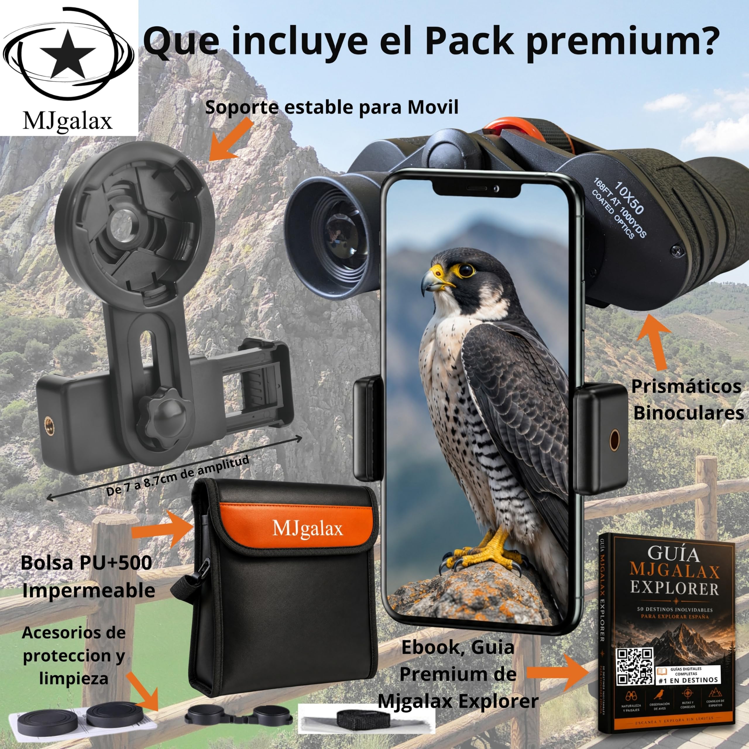 Prismaticos Profesionales Largo Alcance, Binoculares Potentes 10x50 - Prismas BAK-4 y Lentes FMC, Incluye Guía de Paisajes, Aves y Animales Silvestres de España y Adaptador para Smartphone.