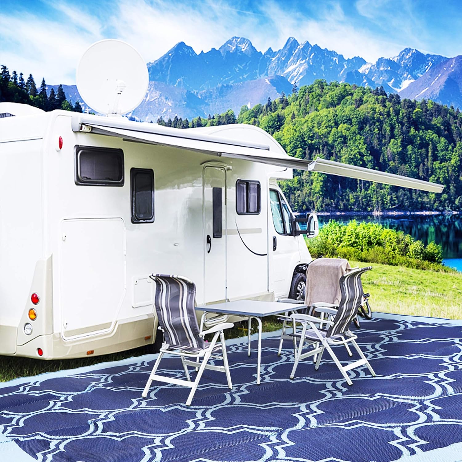 SAND MINE Reversible Mats, Plastic Straw Rug, Modern Area Rug, Large Floor Mat and Rug for Outdoors, RV, Patio, Backyard, Deck, Picnic, Beach, Trailer, Camping (5' x 8', Blue Quatrefoil) : Patio, Lawn & Garden