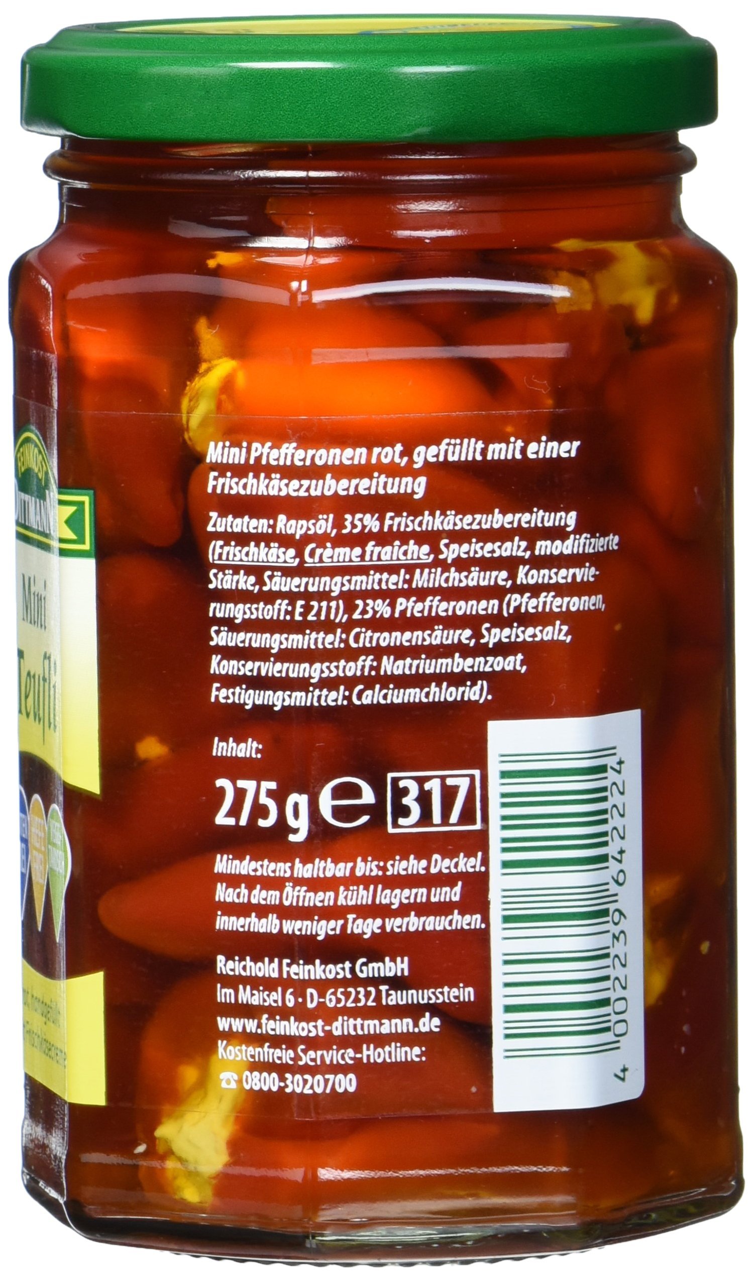 Feinkost Dittmann Mini Teufli - Pfefferonen rot gefüllt mit einer Frischkäsezubereitung Glas, 5er Pack (5 x 275 g)