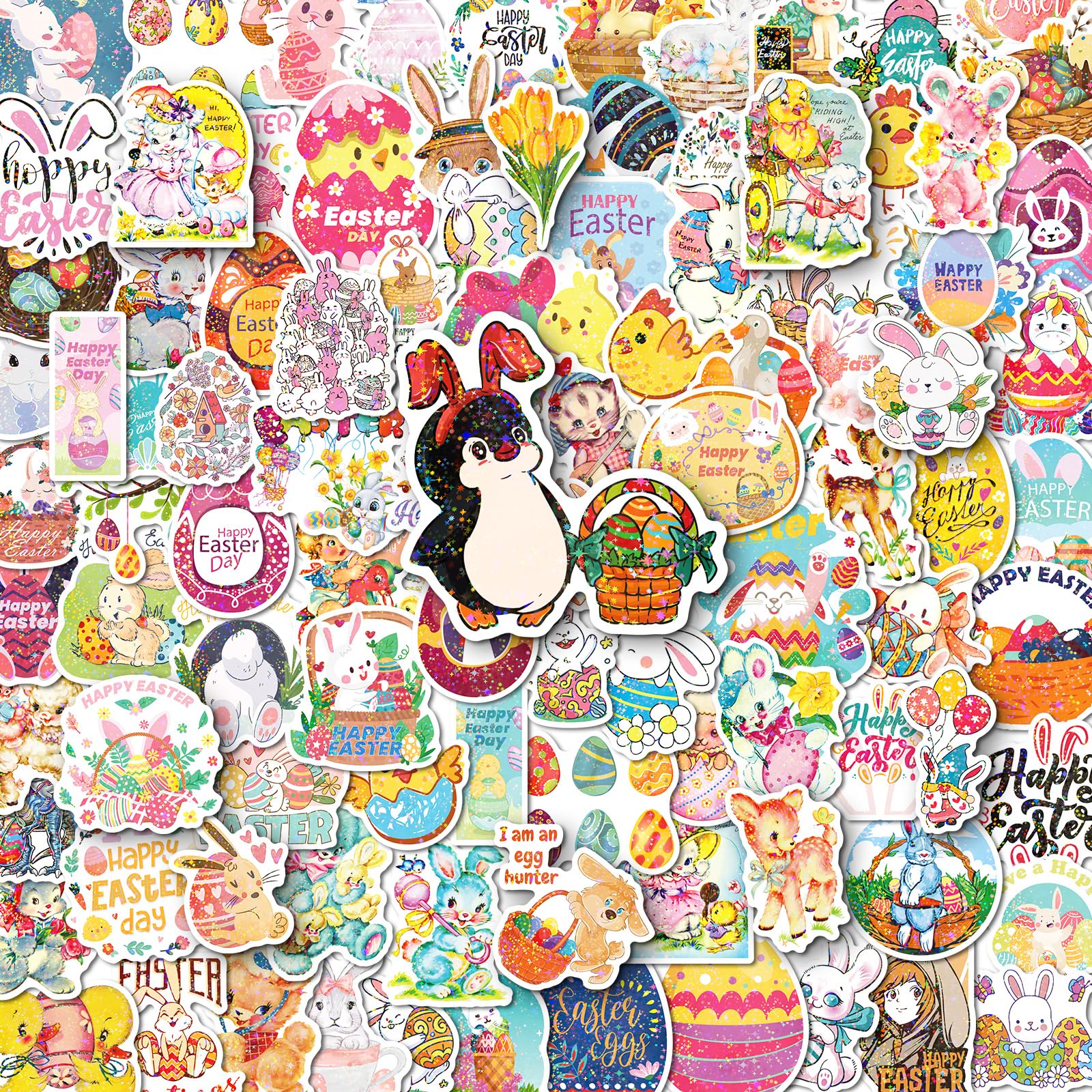 Holographic Easter Stickers for Kids, 100PCS Egg Bunny Stickers for Kids -Easter Egg Stuffers - Vinyl EasterEgg Games Crafts Activities Party Favors Basket Stuffers - Kids Gifts for Boys Girls