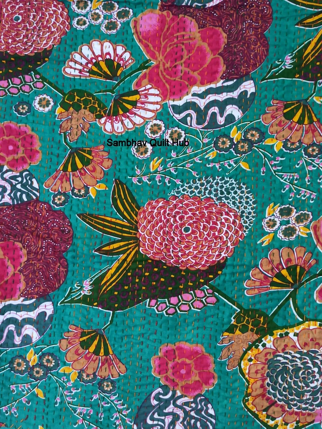 Turquoise Fruit Kantha with 2 Pillow Cover Vintage Ethnic Cotton Fruit Kantha Quilt Coverlet Bedspread Patchwork Stitch Blanket Twin/Queen/California King Size (108X108 inches)