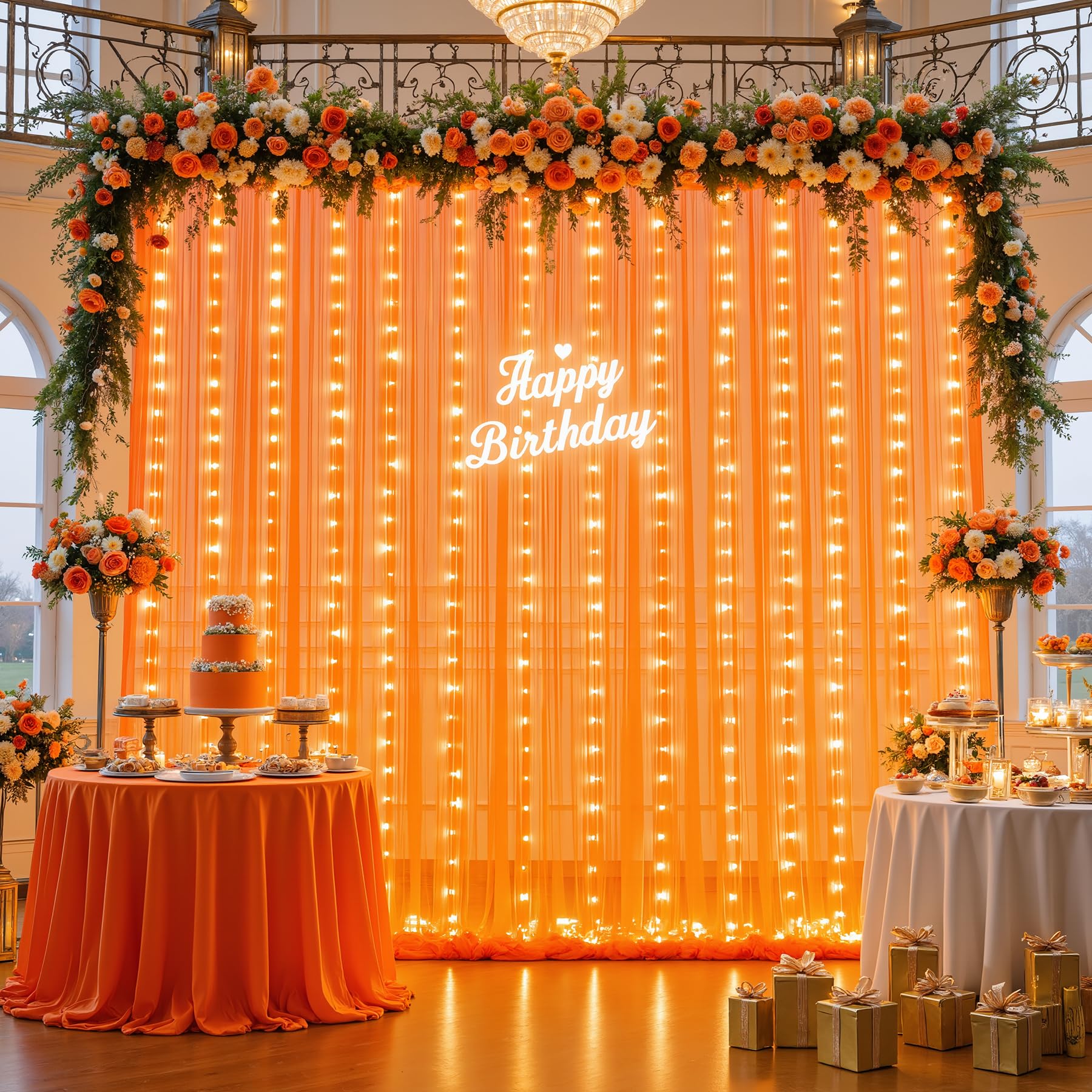 Photo 1 of 10ft x 8ft Orange Tulle Photo Backdrop Curtain with Lights String for Halloween Party Orange Sheer Curtain Backdrop Drapes for Birthday Party Wedding Photo Booth Background Home Room Decorations