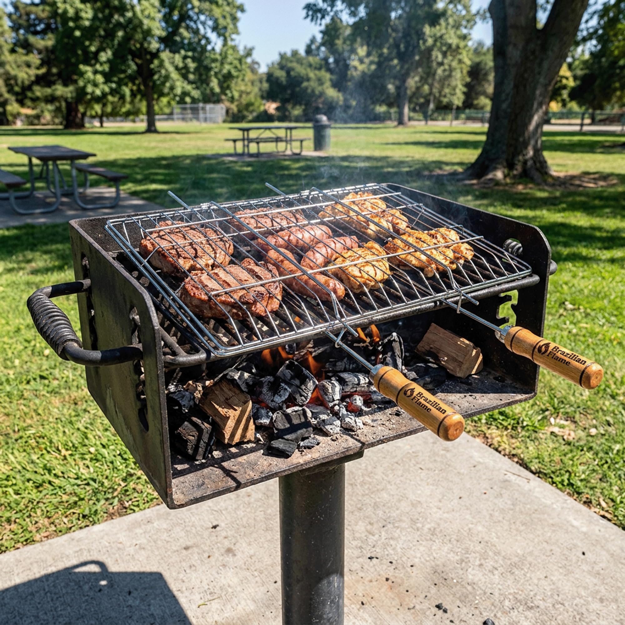 Brazilian Flame Cestino pieghevole per barbecue, in acciaio cromato, per verdure, carne, spiedini e spiedini | Design con bloccaggio su due lati | Adatto a griglie a gas, carbone e fuoco aperto |