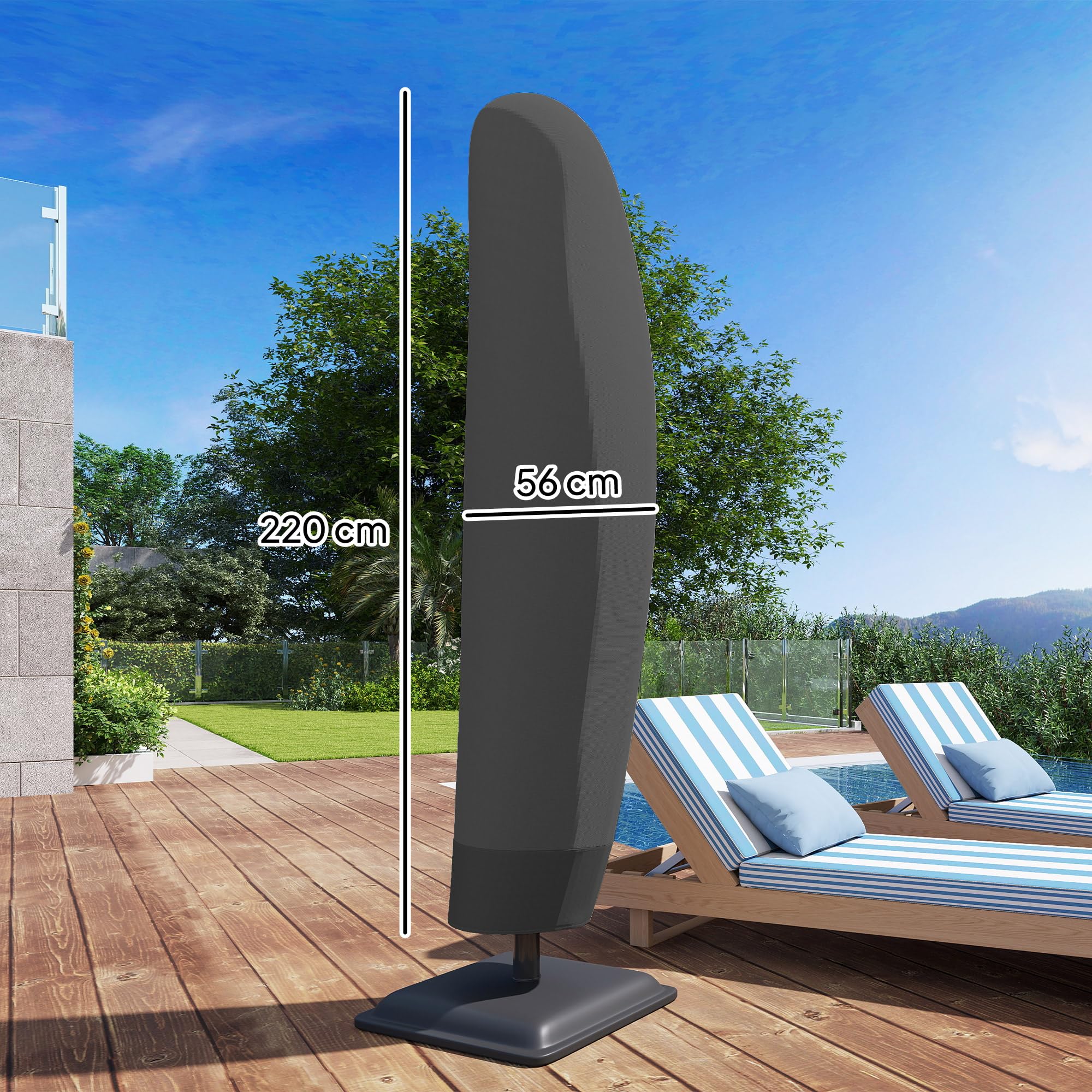 Outsunny Copri Ombrellone da Giardino Impermeabile, Copertura per Ombrelloni Rotondi da Ø396 cm o Quadrati da 304 cm con Cerniera e Laccio in Tessuto Oxford 600D, 220x56x56 cm, Nero
