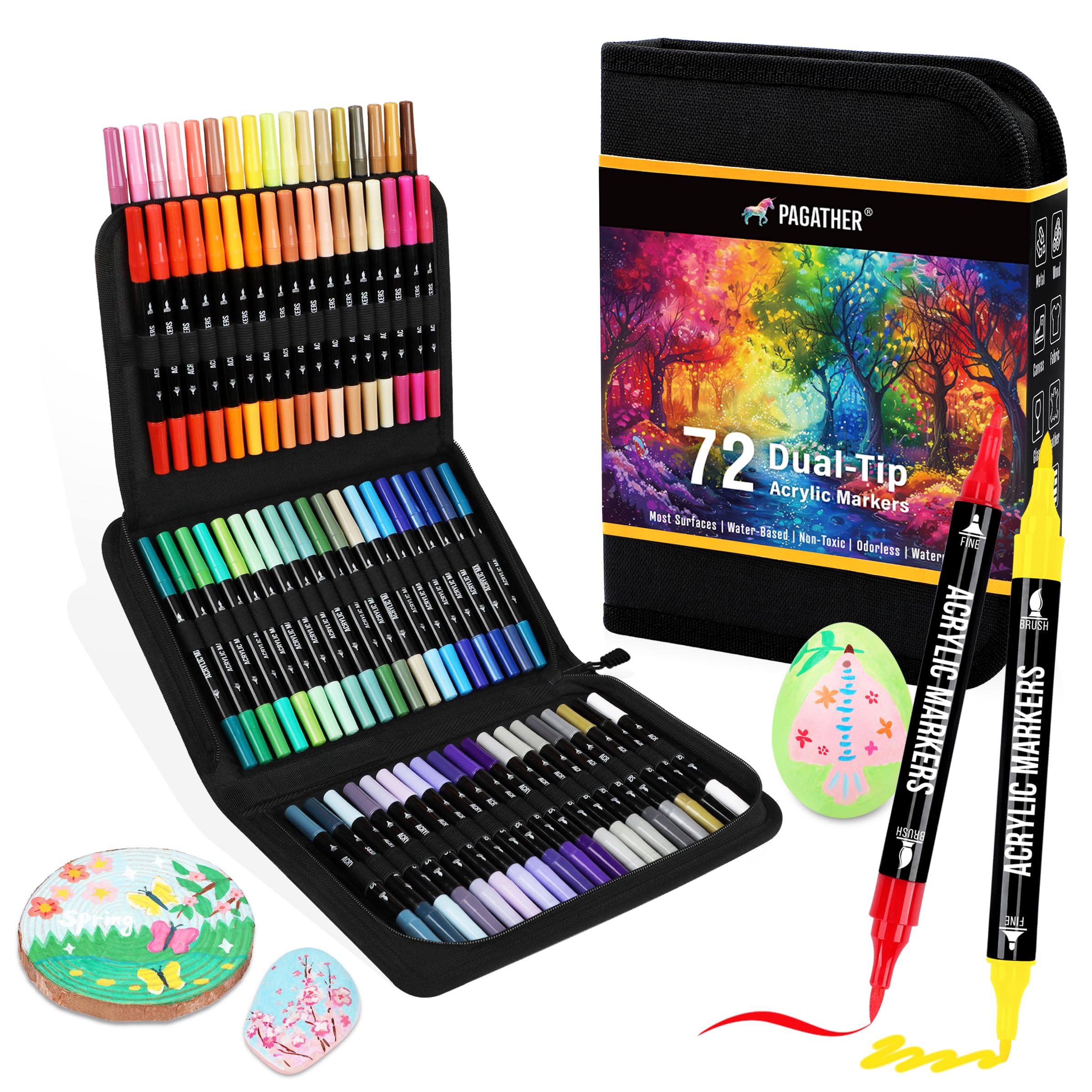 72 Colors Acrylic Paint Markers, Dual Tip with Fine Tip and Brush Tip Pens for Stone, Wood, Calligraphy, Canvas, Ceramic, Metal, Glass, Rock Painting, DIY Crafts Art Supplies Kit